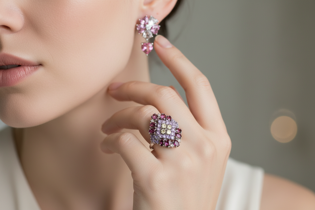 Handmade Rhodolite Garnet, Pink Mystic Topaz, peridot Set