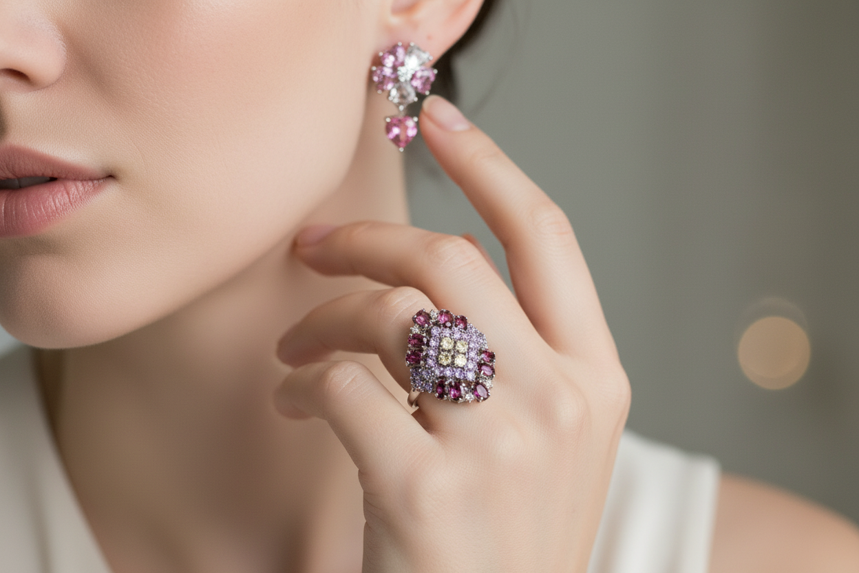 Handmade Rhodolite Garnet, Pink Mystic Topaz, peridot Set