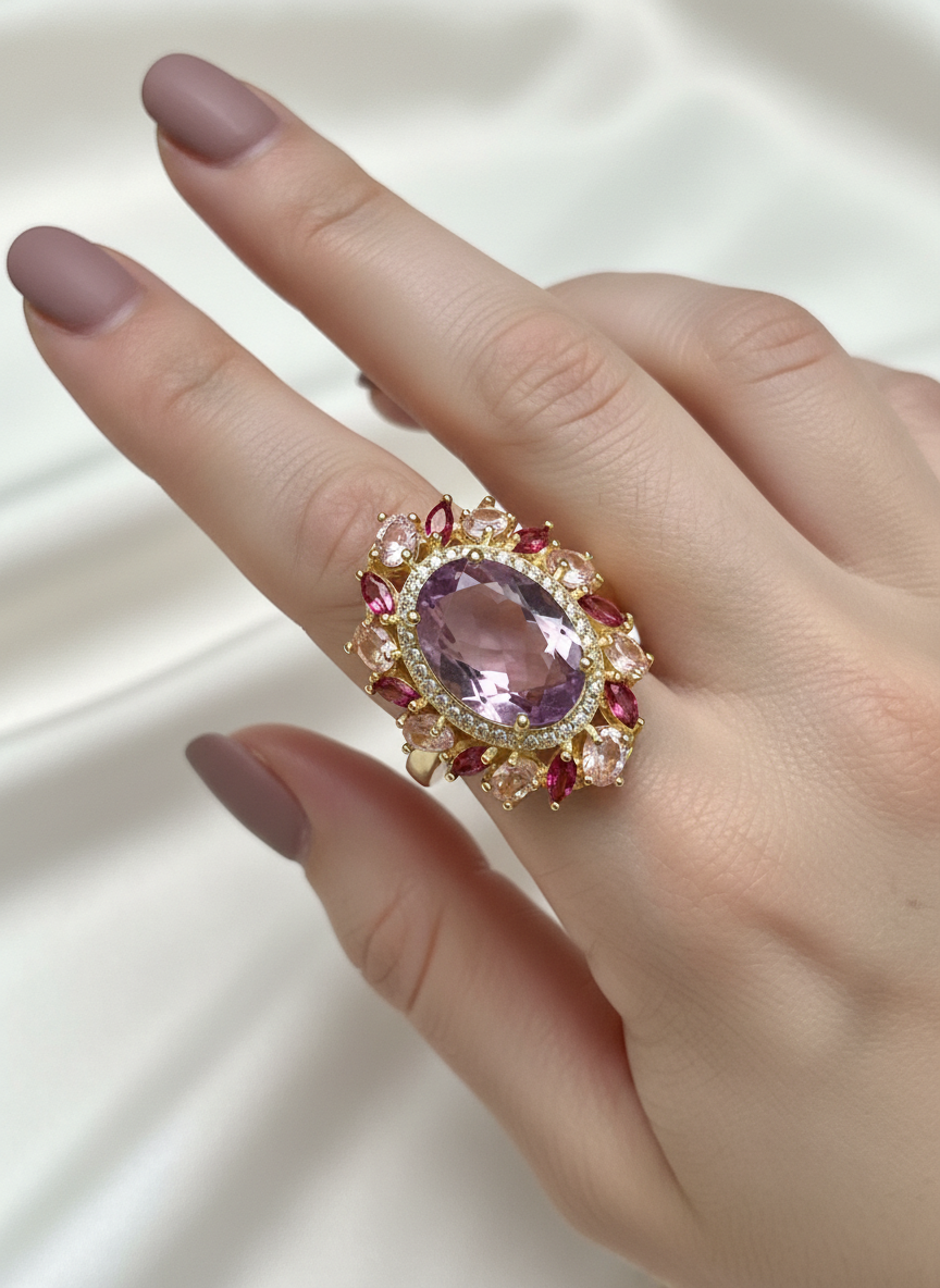 Natural Pink Amethyst & Multi-Gem Ring in 18K Gold Vermeil – 31.43 Carats