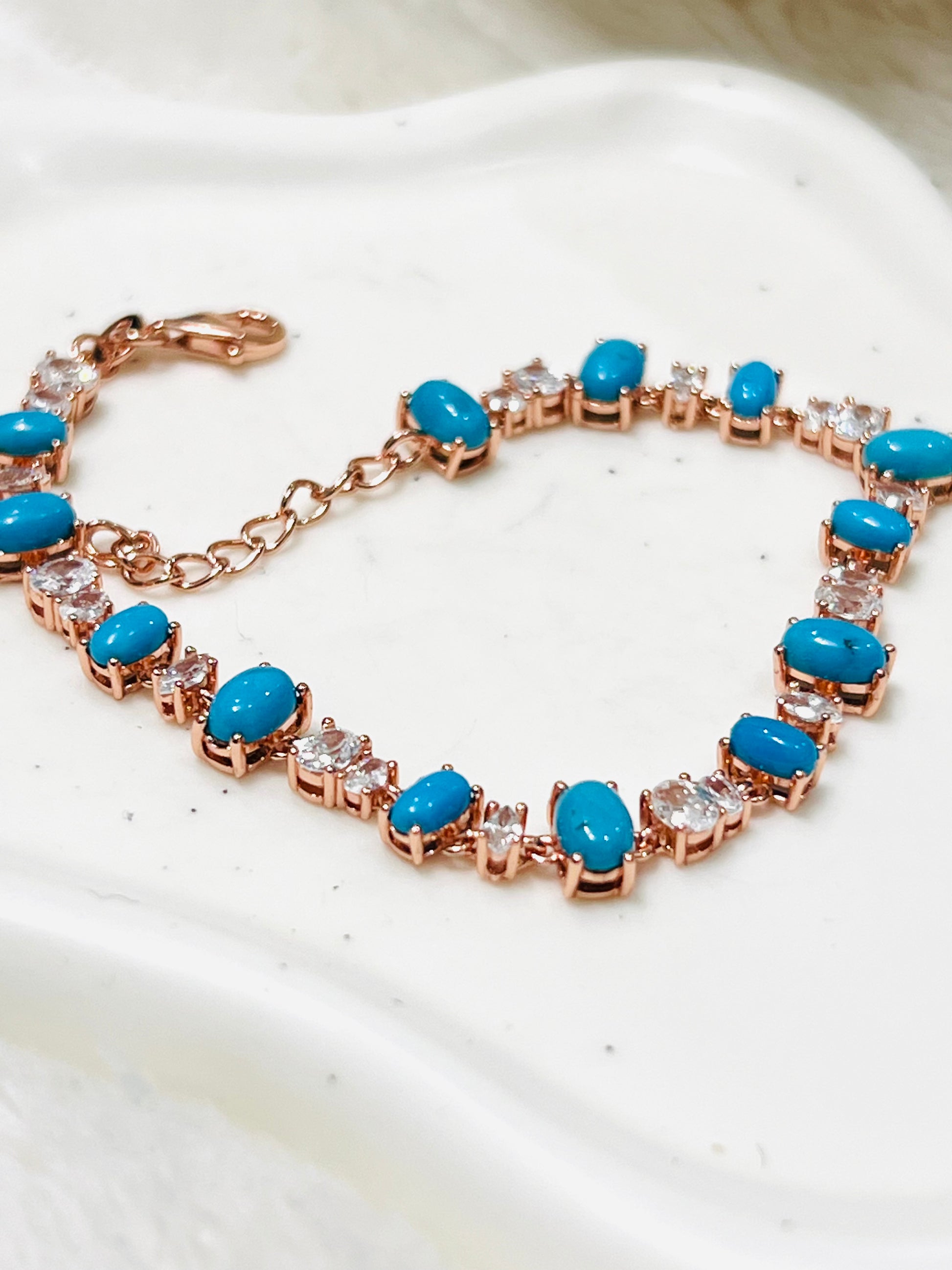 Handmade Blue Turquoise & White Zircon Bracelet 7.5 In