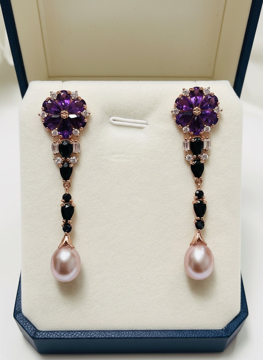 Handmade Stunning Natural Sapphire, Amethyst and South Sea Pearl Earrings
