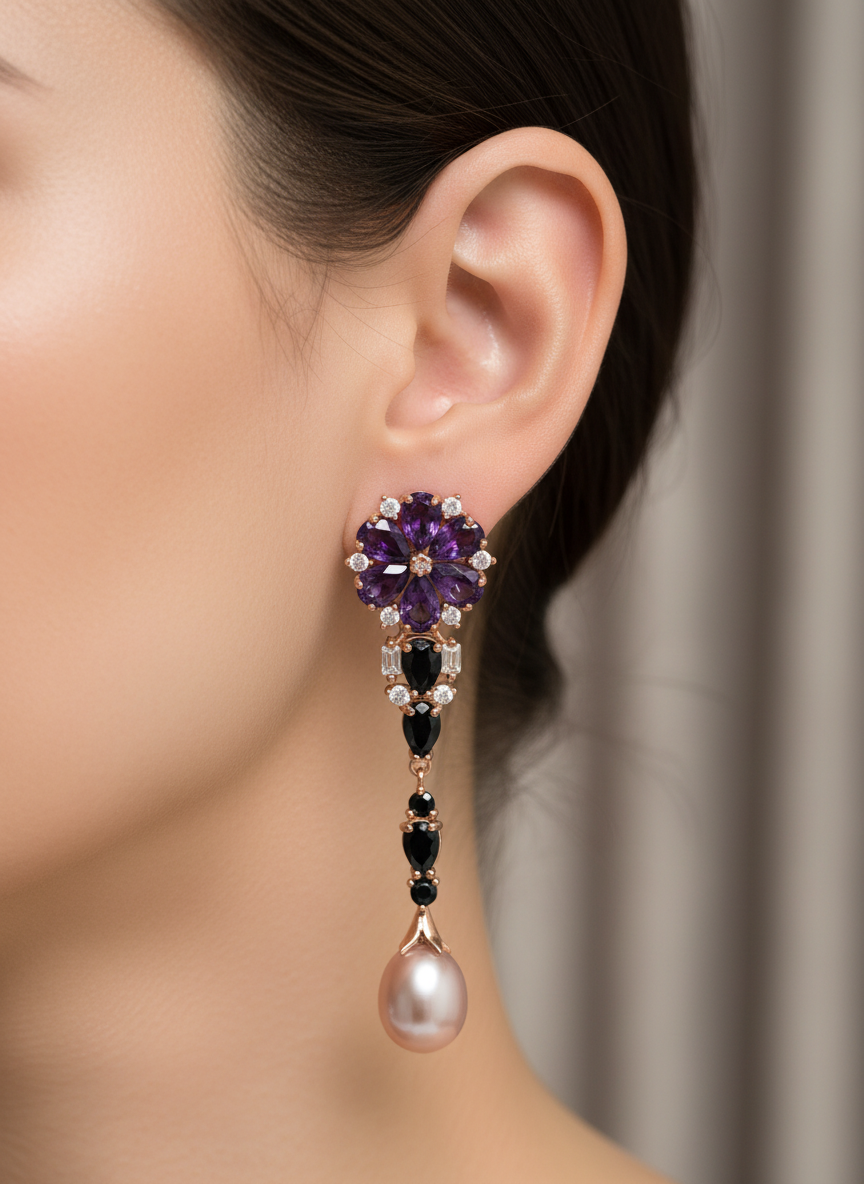 Handmade Stunning Natural Sapphire, Amethyst and South Sea Pearl Earrings