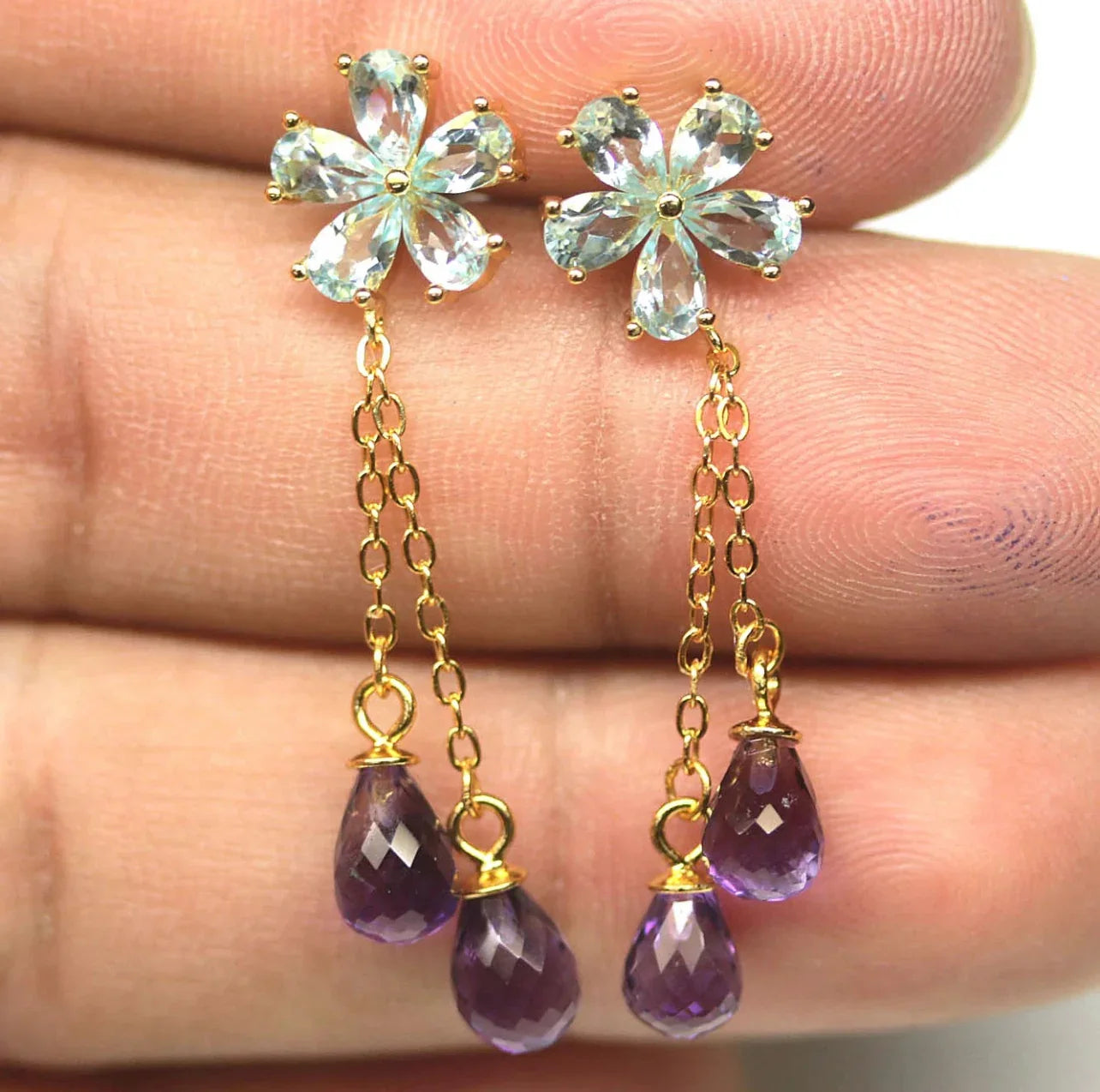 Handmade Unique Topaz and Amethyst Drop Earrings