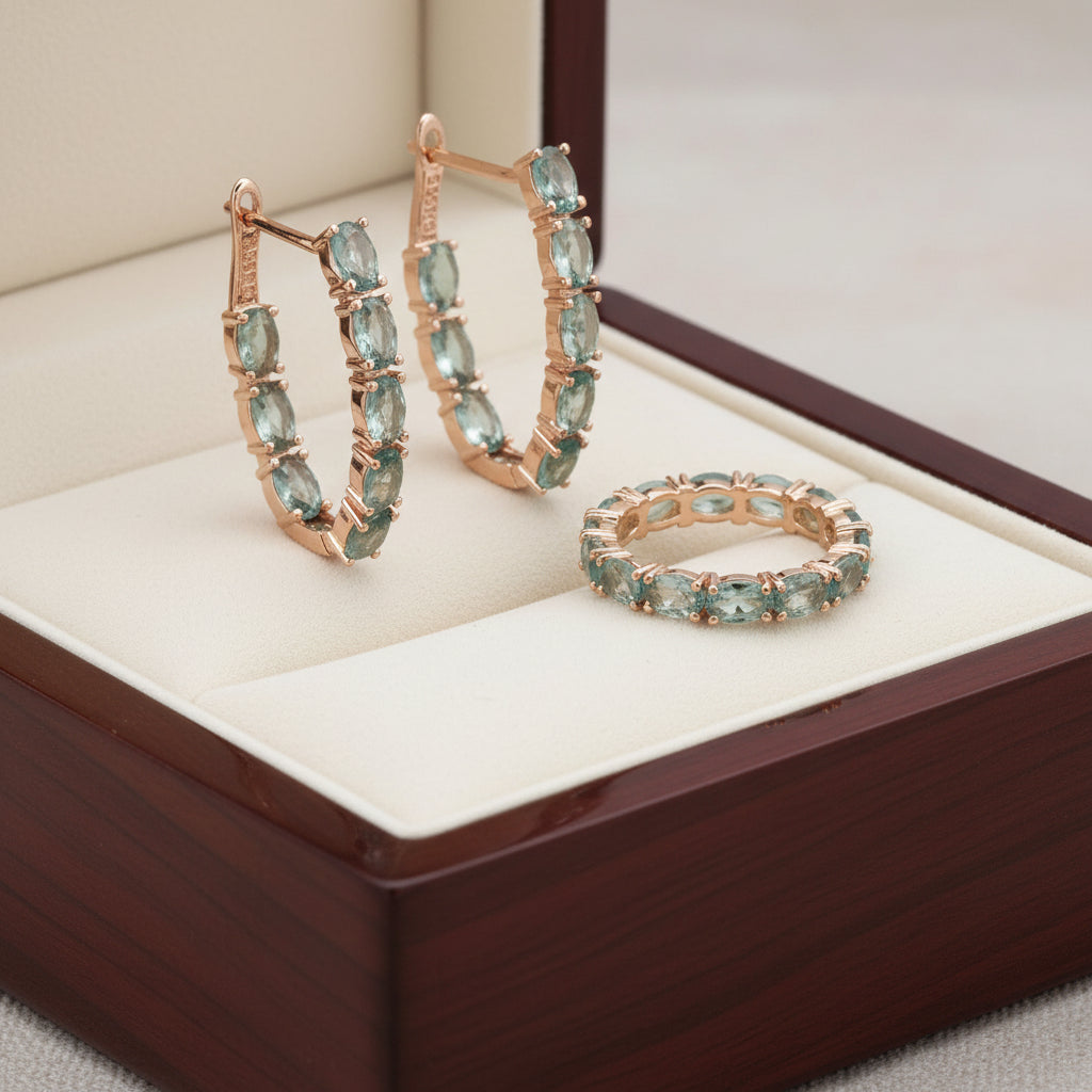 14k Rolled Gold Aquamarine Inside out hoops and Ring Set