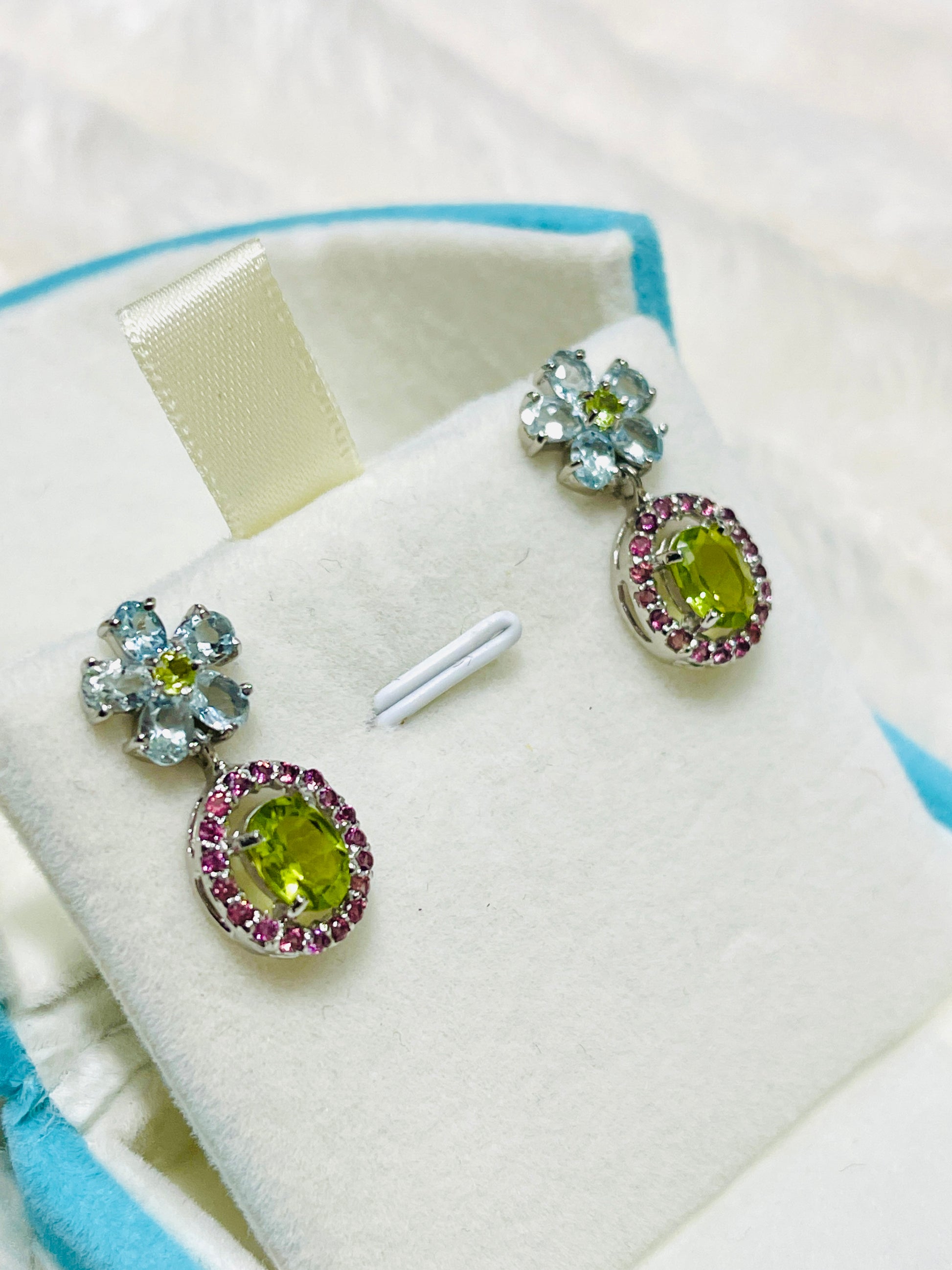 “Spring Bloom” Artisan Made Genuine  Peridot & Sapphire Floral Earrings – One of a Kind
