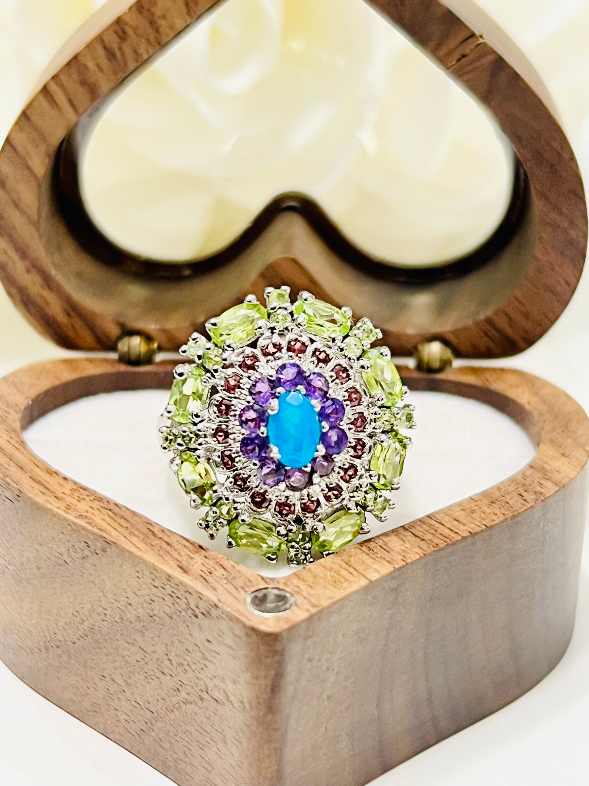 Handcrafted Peridot, Blue Opal, Amethyst & Garnet Oval Ring