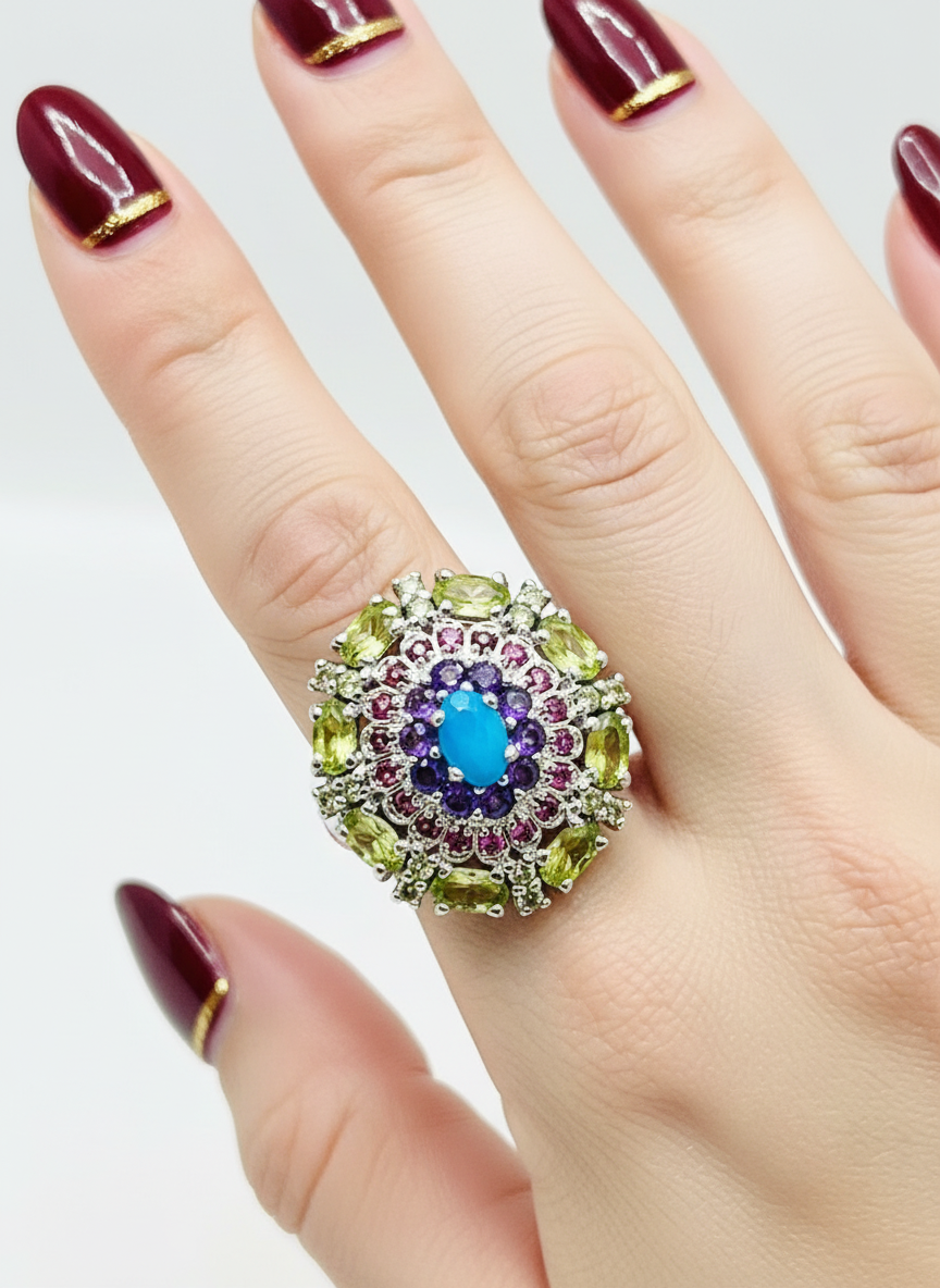 Handcrafted Peridot, Blue Opal, Amethyst & Garnet Oval Ring