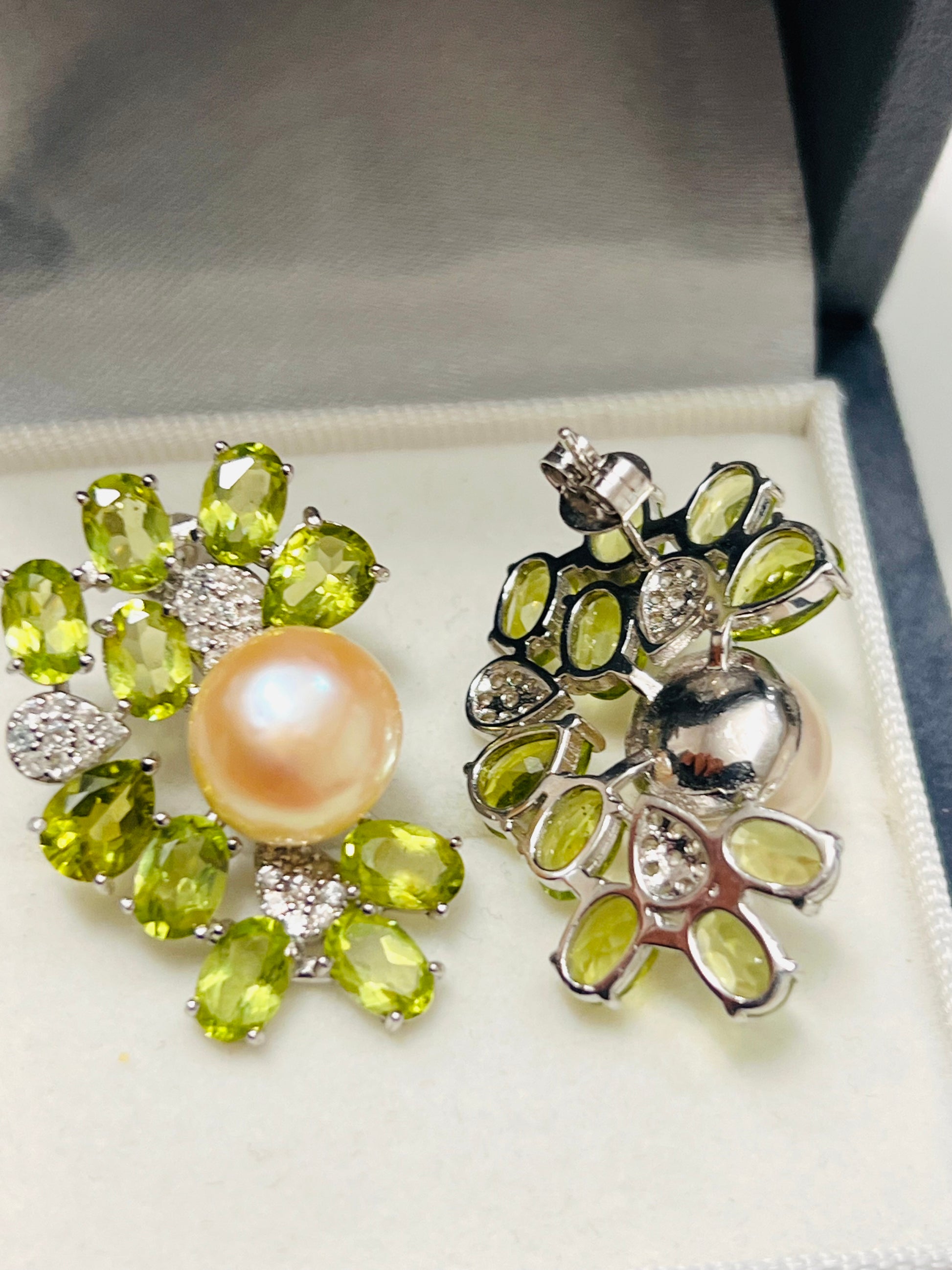 Genuine Pearl & Peridot Floral Glow Studs (Handmade- Artisan)