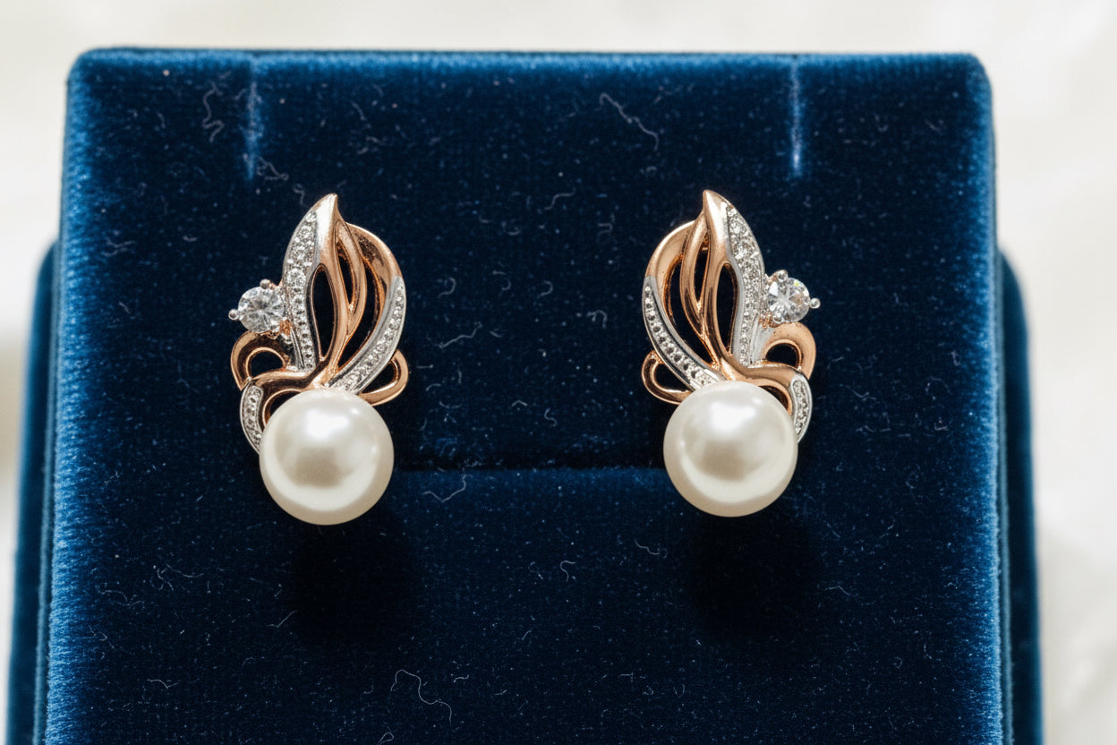 14K Rolled Gold Bridal Pearl Small Two tone earrings