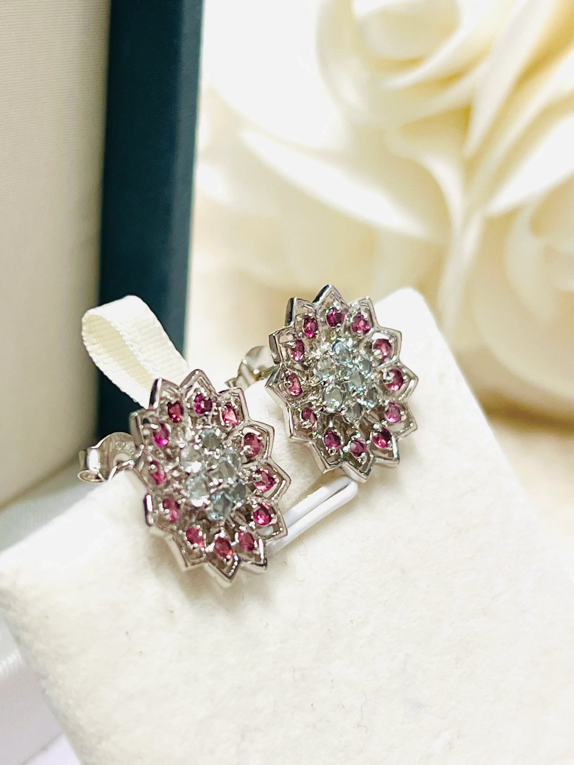 Handmade Aquamarine & Rhodolite Garnet Floral Earrings