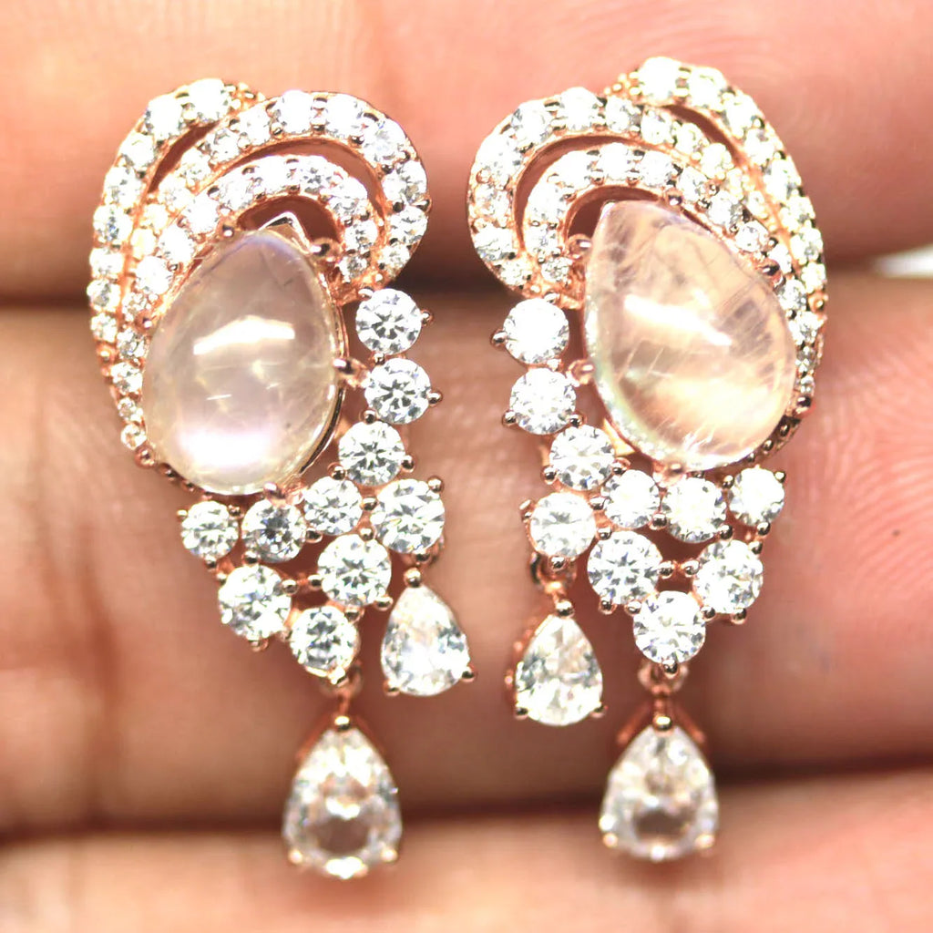Full Moon Glow White Sapphire & Moonstone Earrings – Handmade
