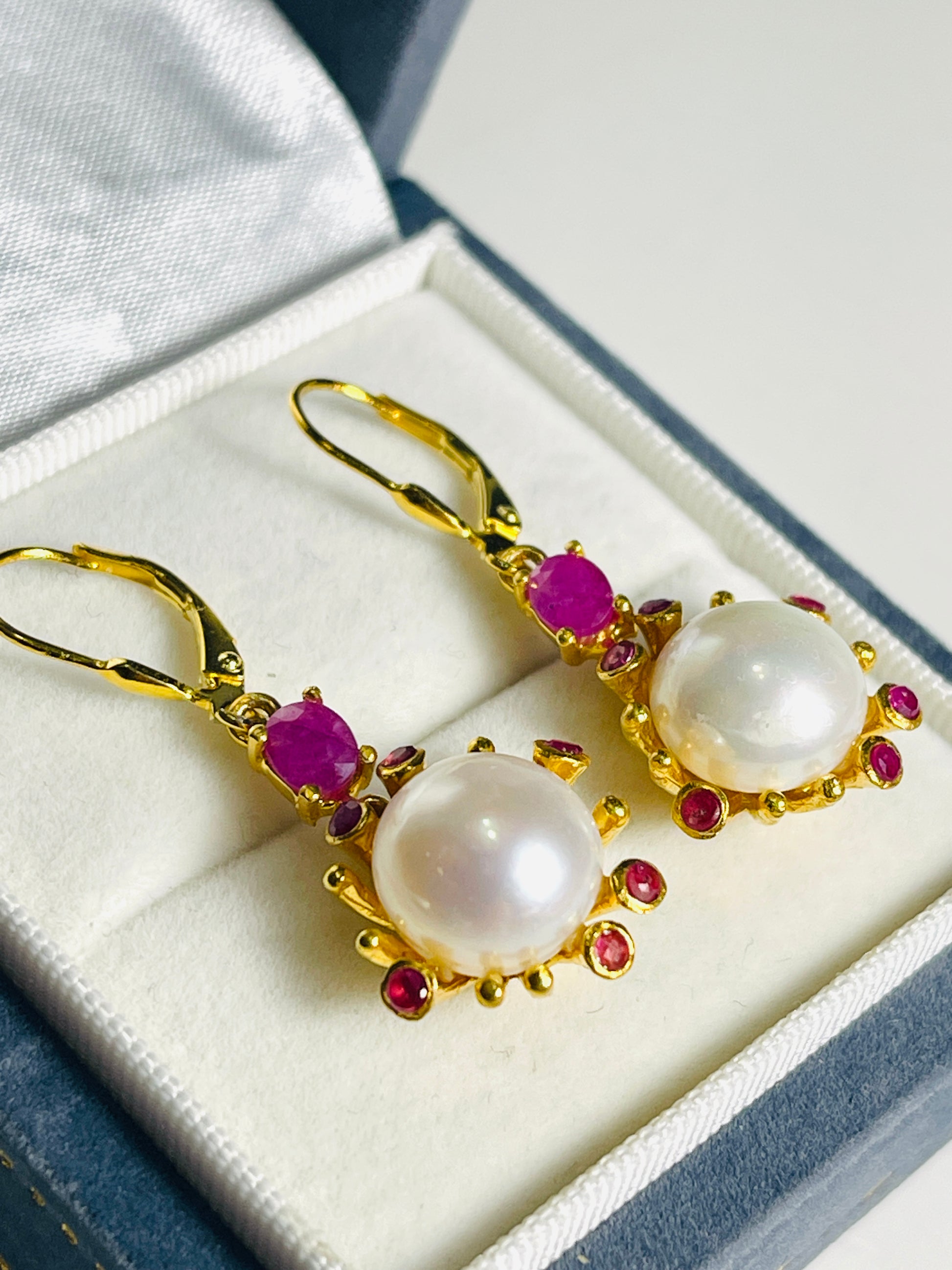 Genuine Rubies and Freshwater Pearl Handmade earrings