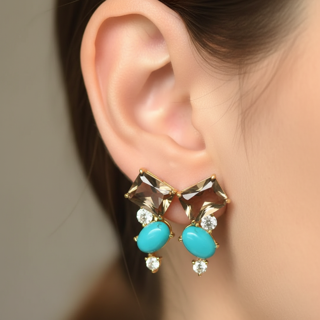 Handmade Smokey Quartz and Turquoise Earrings