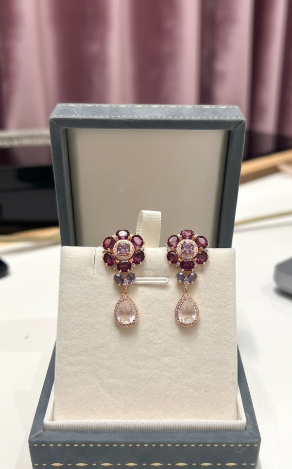 Handmade Rhodolite & Rose Quartz Floral Drop Earrings