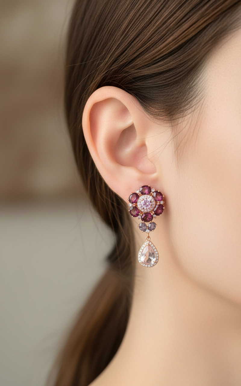 Handmade Rhodolite & Rose Quartz Floral Drop Earrings