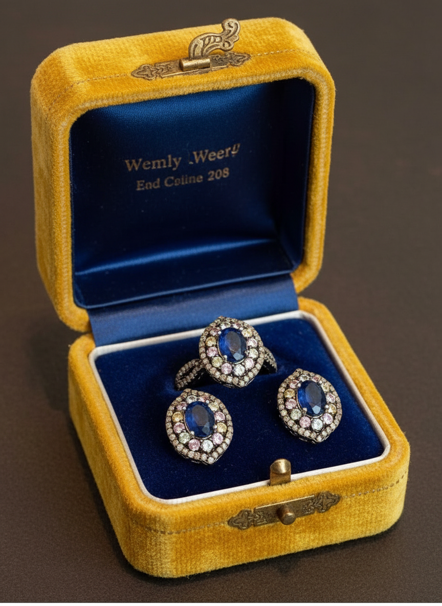 Handmade Natural Ceylon Blue Sapphires, coloured Sapphires and Natural Diamonds Jewelry Set