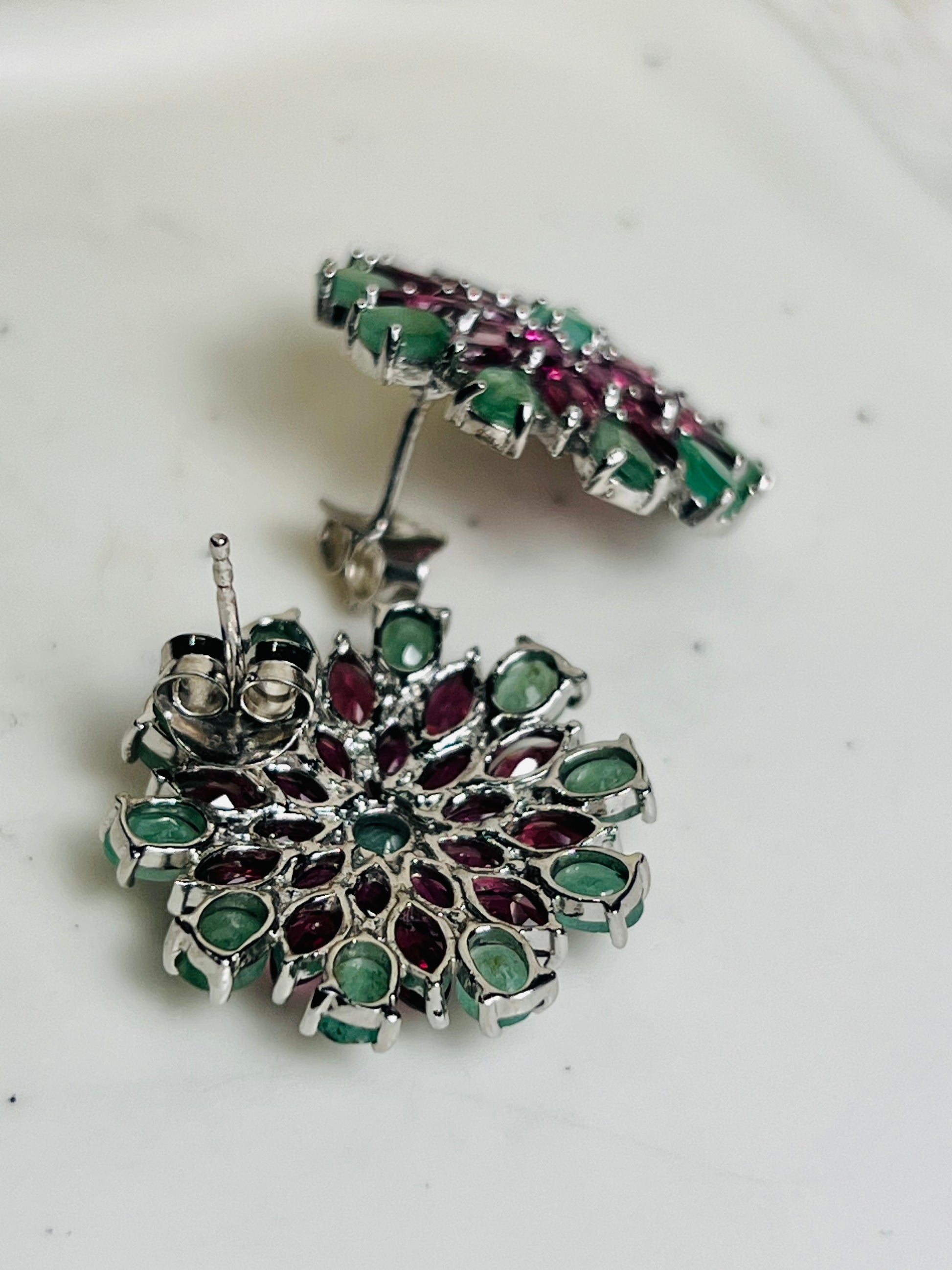 Handmade Emerald and Rhodolite garnet earrings- Sunburst Collection
