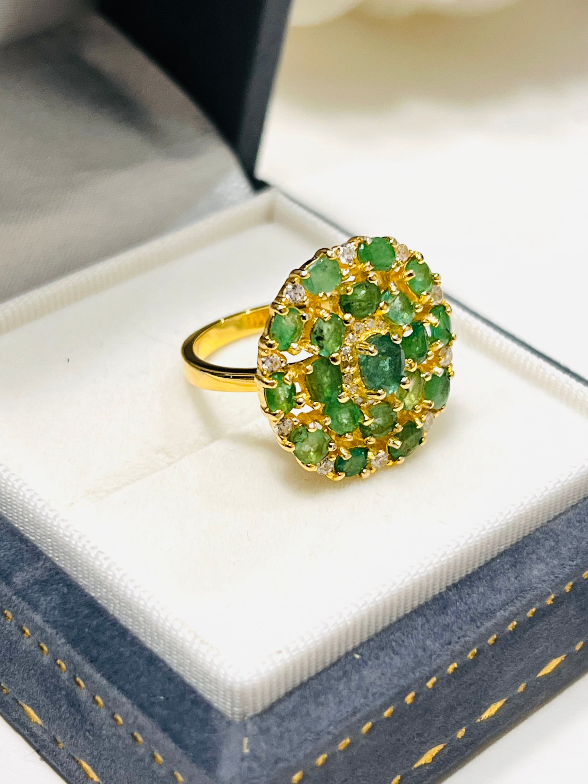 Genuine Emerald & White Sapphires Flower Cluster Ring – 18K Gold Plated