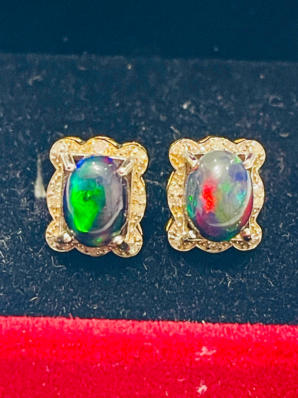 Natural Opal & Diamond Halo Stud Earrings in Sterling Silver Gold Vermeil | Handmade Two-Tone Cabochon Opal Earrings