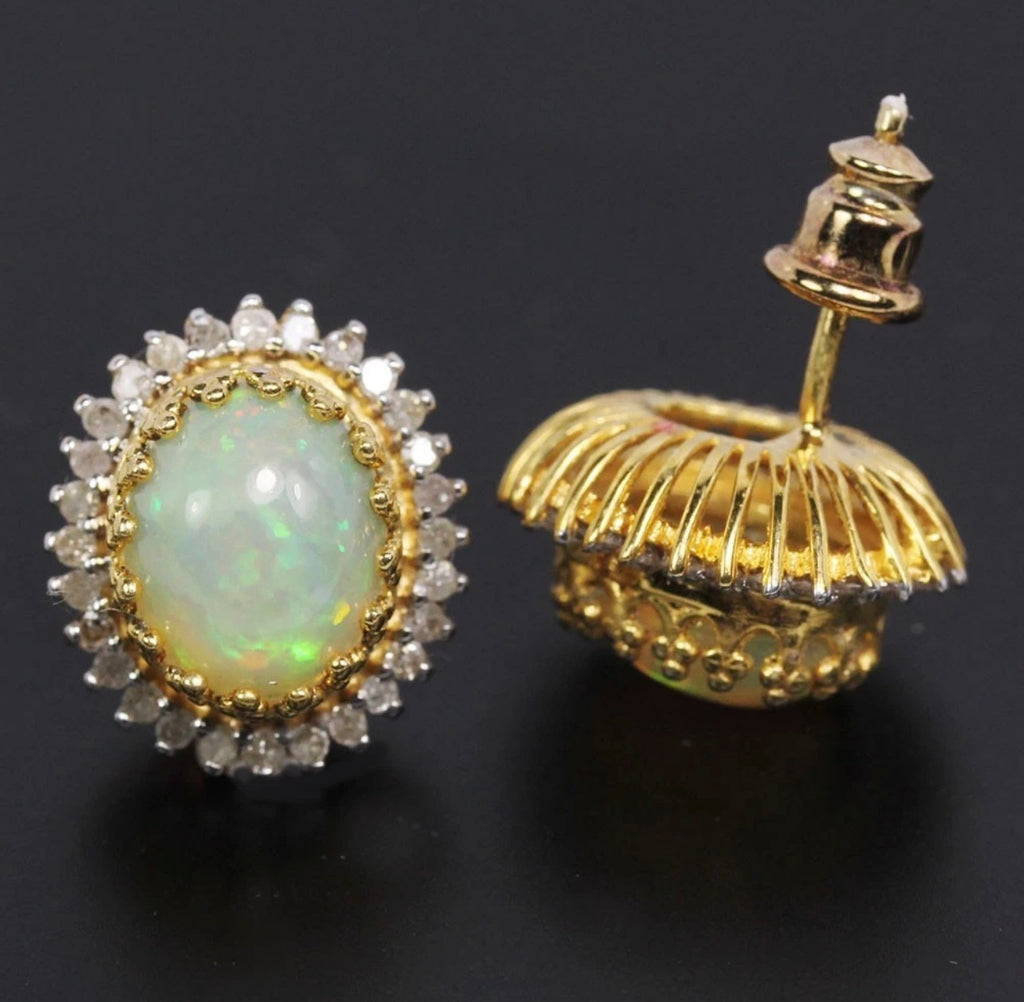 Natural Fire Opal and Natural Diamond Stud back Earrings