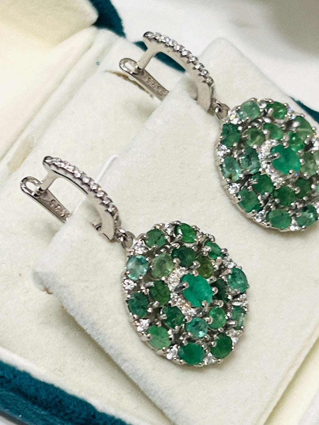 Natural Emerald & White Sapphires Flower Cluster Dangle Earrings – 18K Gold over Sterling Silver