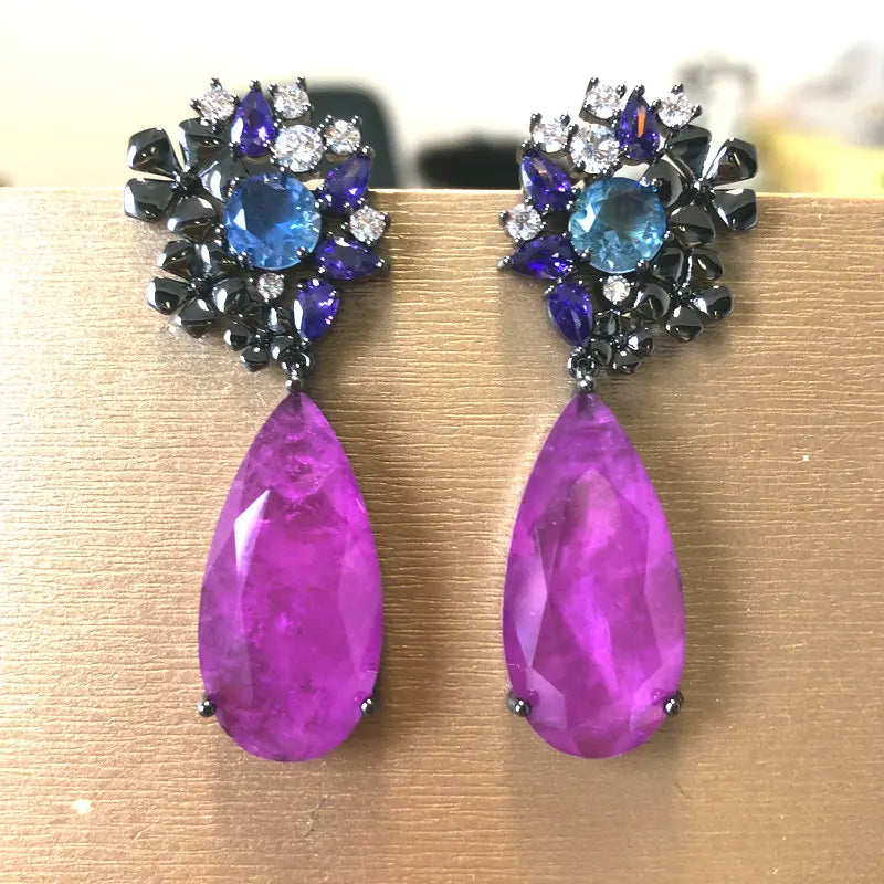Handmade Sapphire & Violet Teardrop Floral Drop Earrings in Black Rhodium