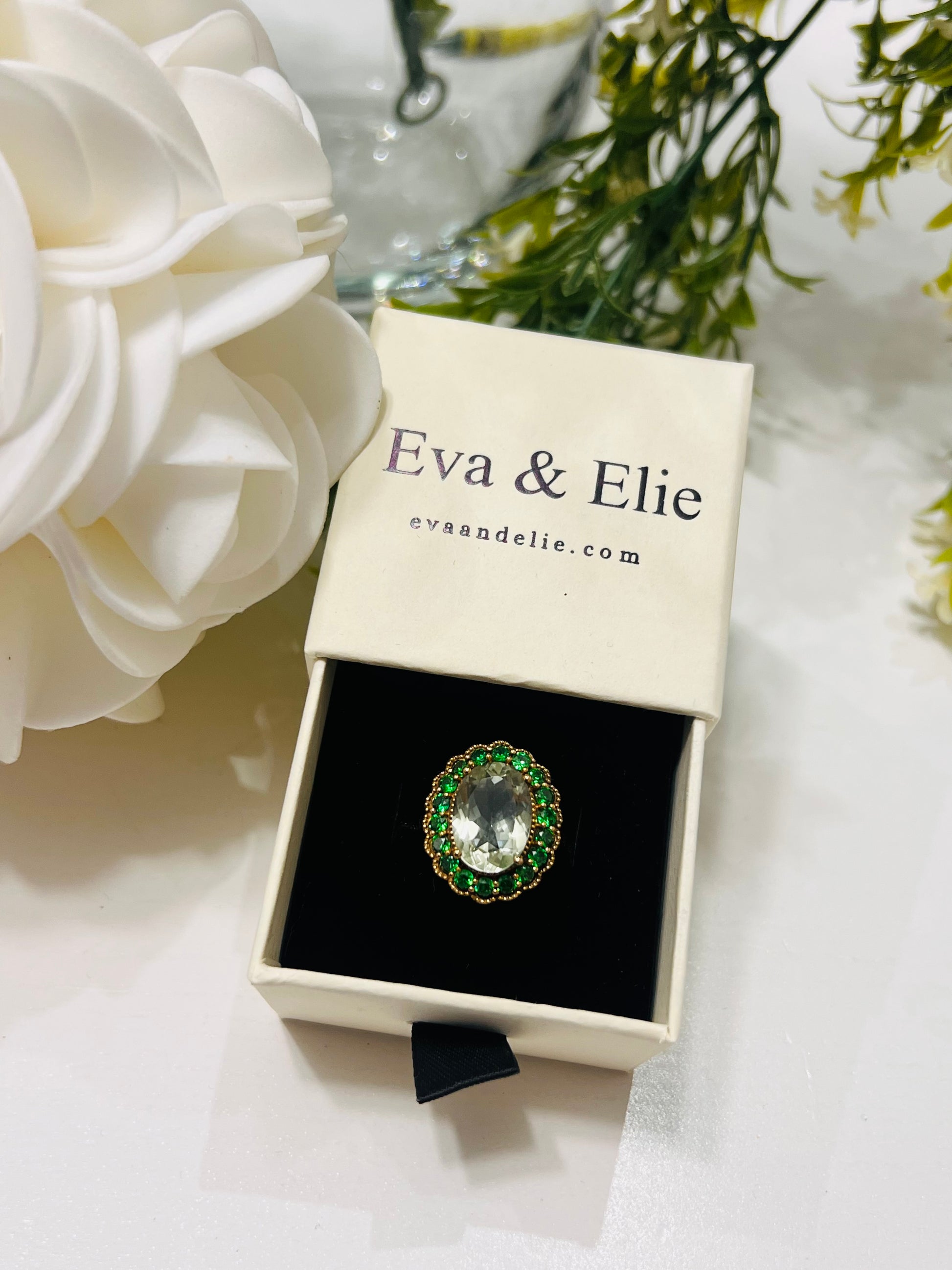 Elegant Sterling Silver Statement Ring- Green Amethyst and Chrome Diopside