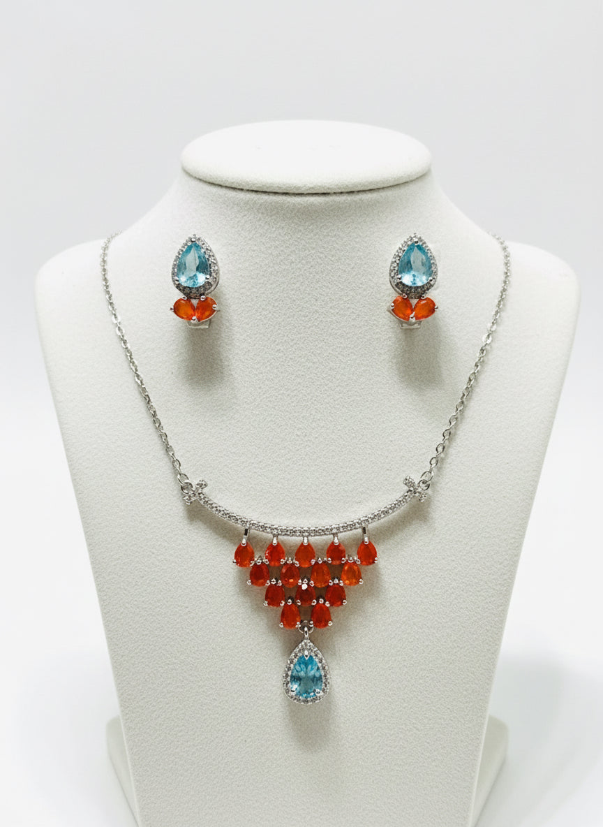 Fire Opal and Blue Topaz Sterling Silver Necklace and Earring Set