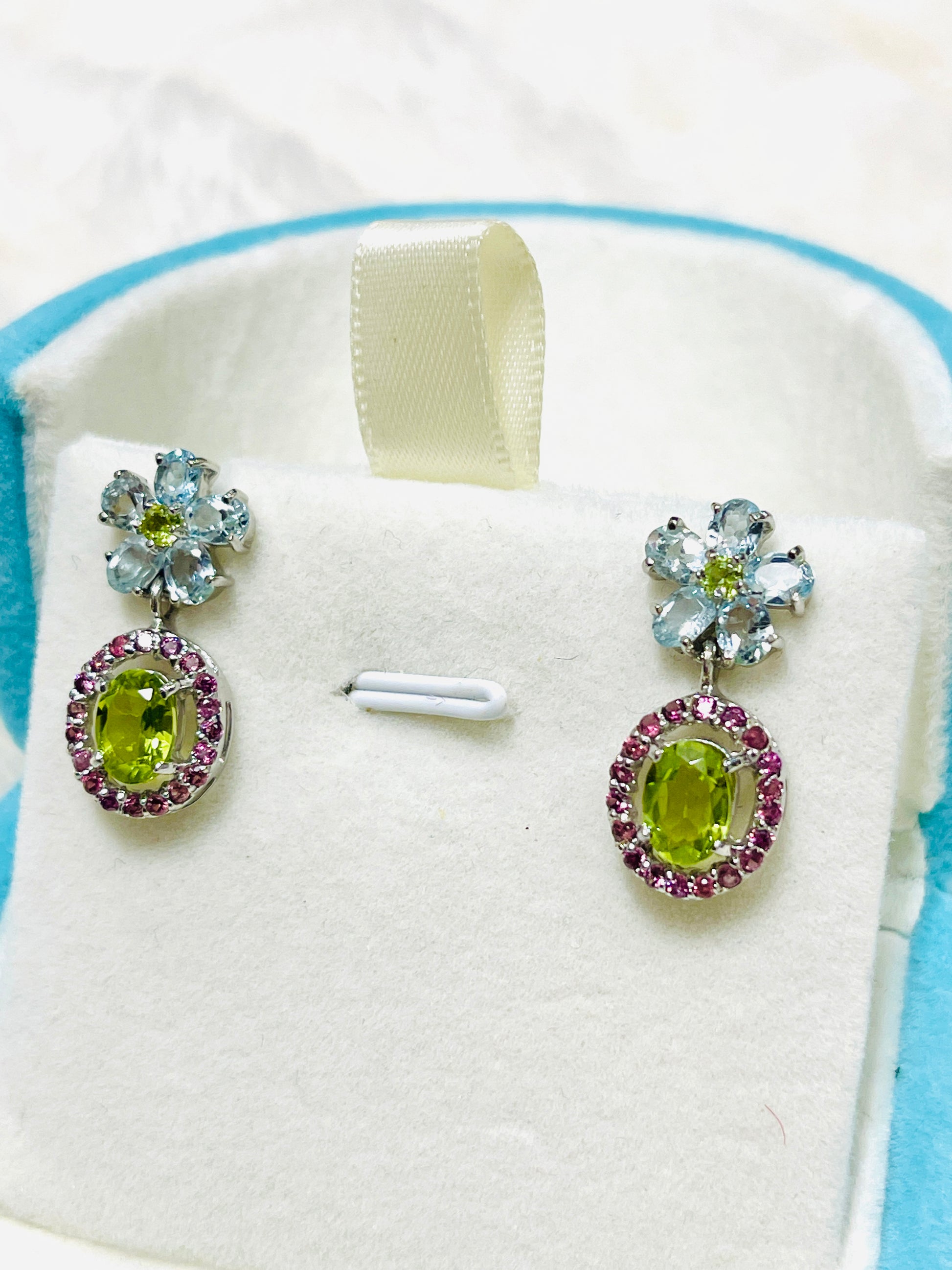 “Spring Bloom” Artisan Made Genuine  Peridot & Sapphire Floral Earrings – One of a Kind