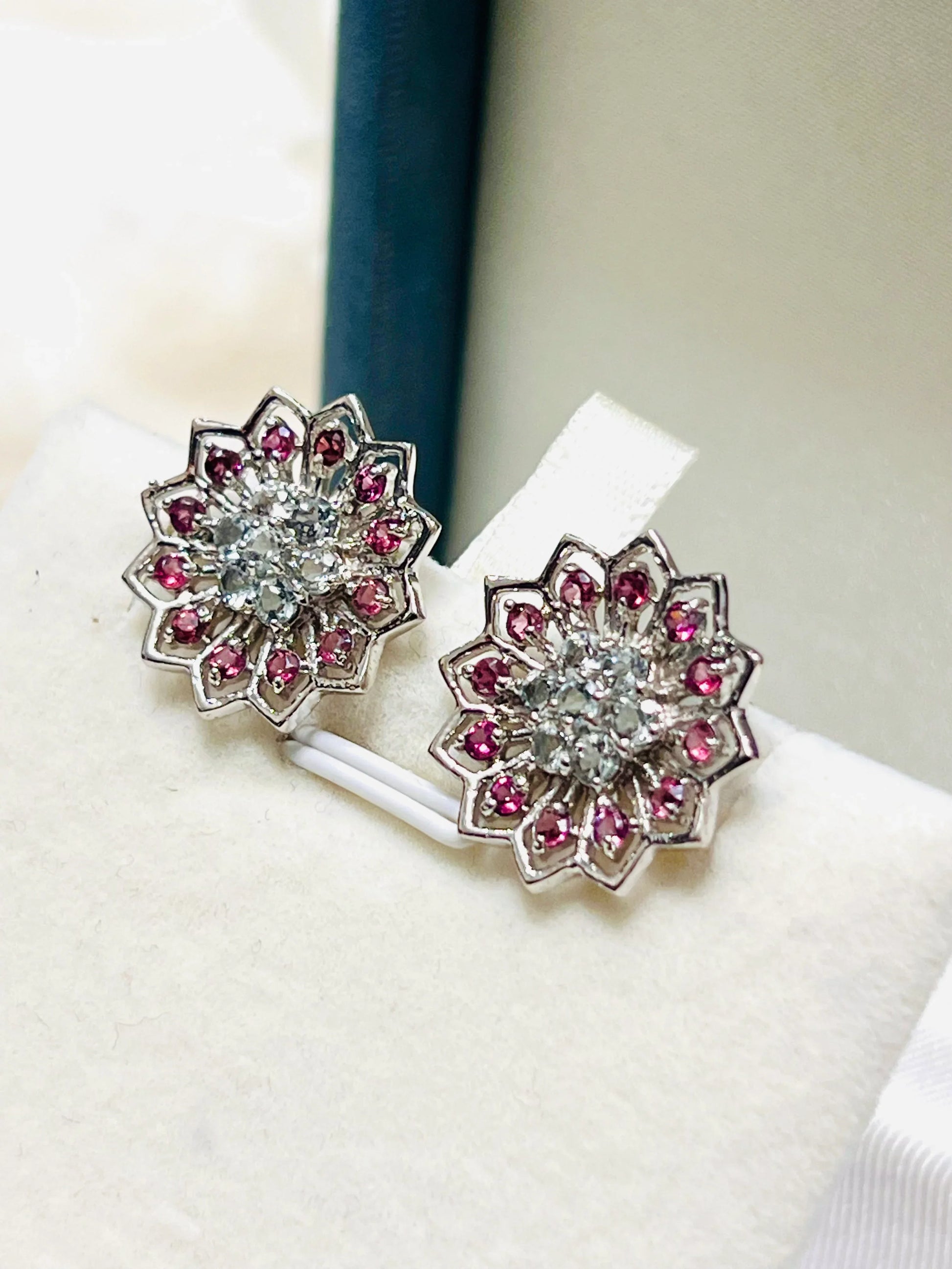Handmade Aquamarine & Rhodolite Garnet Floral Earrings