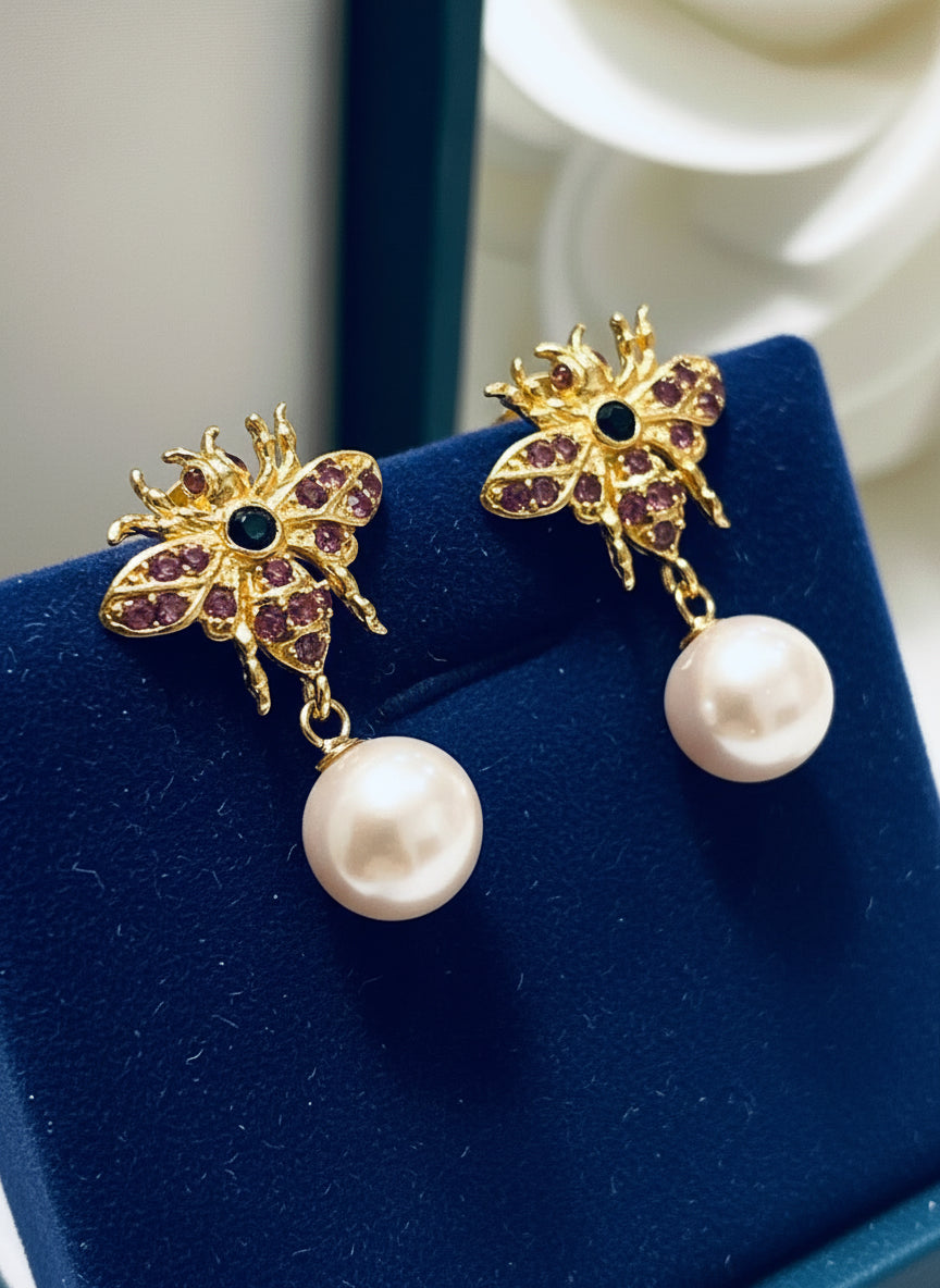 Handmade Freshwater Pearl, Ruby and sapphire “Abeille” Earrings