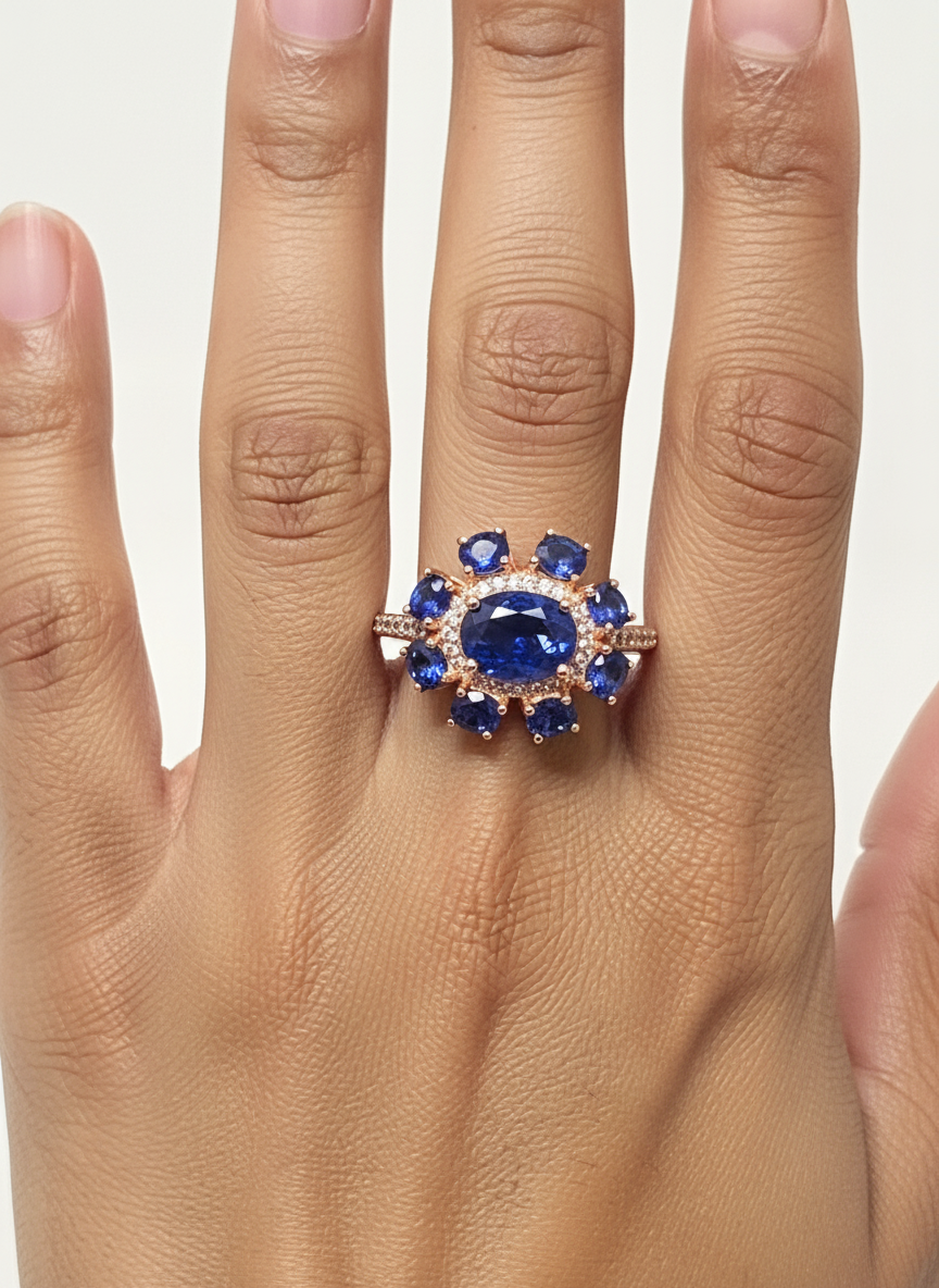 All-Sapphire Jewelry Set in Palladium Silver with 18K Rose Gold Vermeil