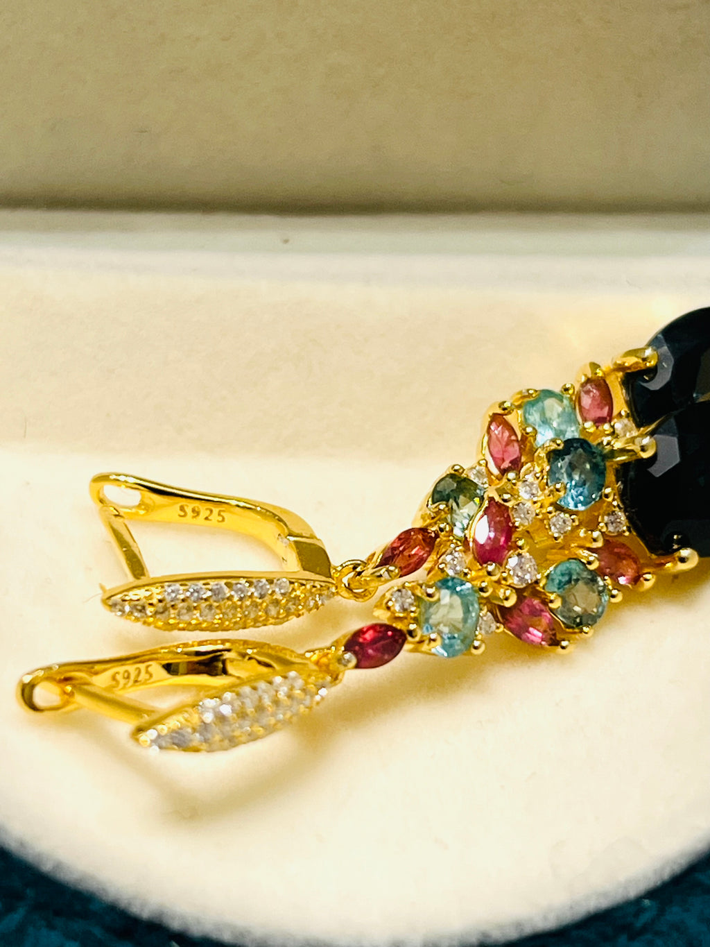 London Blue Topaz Earrings with Apatite & Pink Tourmaline Accents – 18K Gold Vermeil