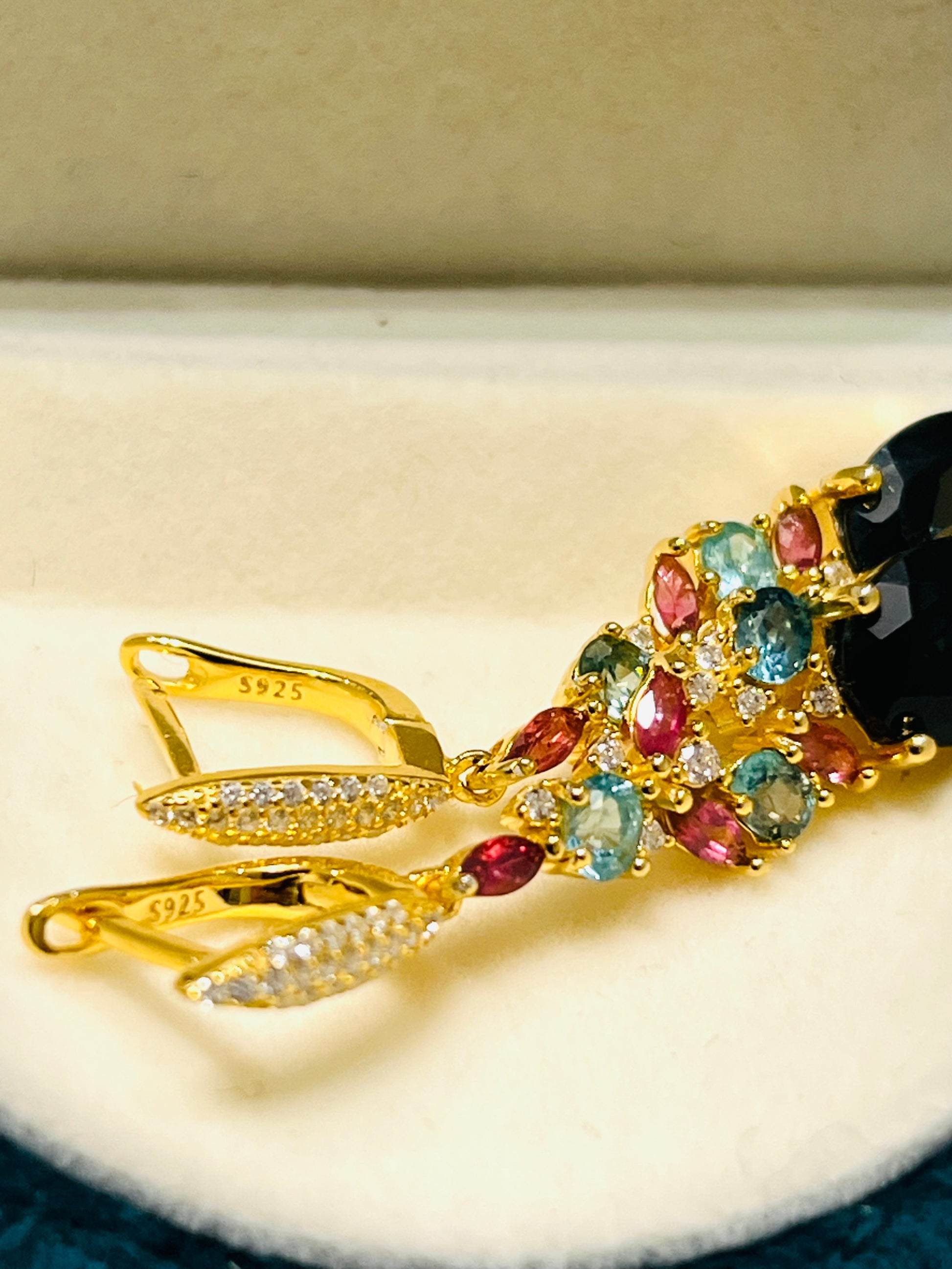 London Blue Topaz Earrings with Apatite & Pink Tourmaline Accents – 18K Gold Vermeil