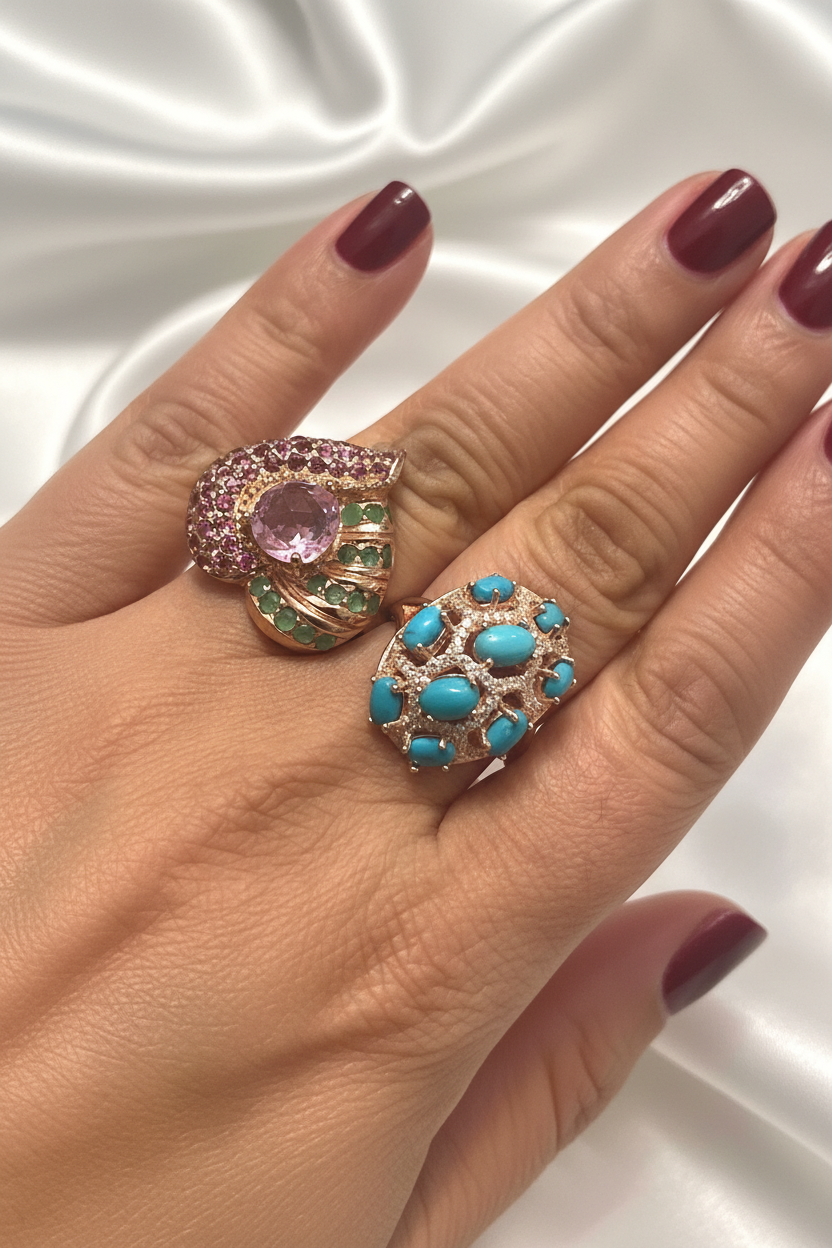 Handmade Heart Ring with Pink Tourmaline, Emerald & Ruby Accents