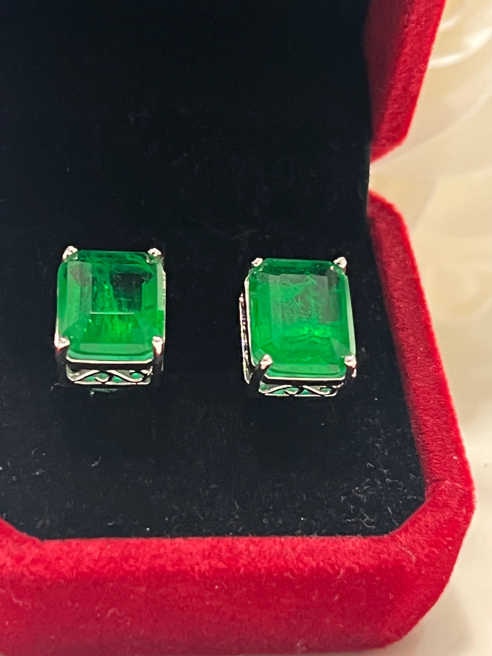 Emerald Cut Birthstone Emerald Stud Earrings In Silver (12x10mm)