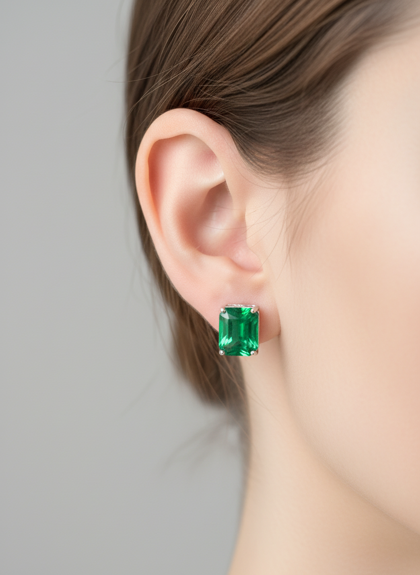 Emerald Cut Birthstone Emerald Stud Earrings In Silver (12x10mm)