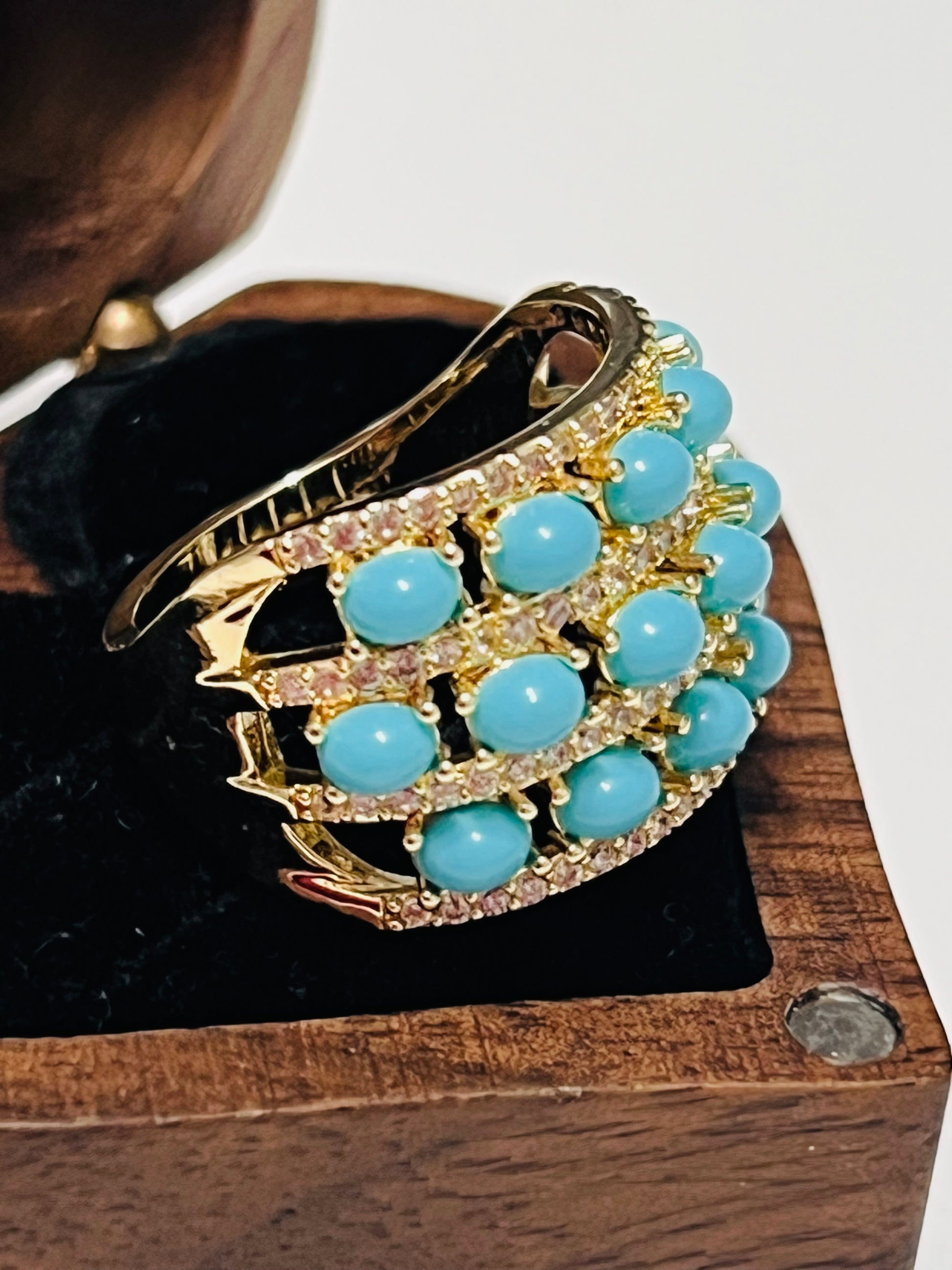 Gold Plated Turquoise & Zirconia Statement Ring – Bold Oval Cabochon Design
