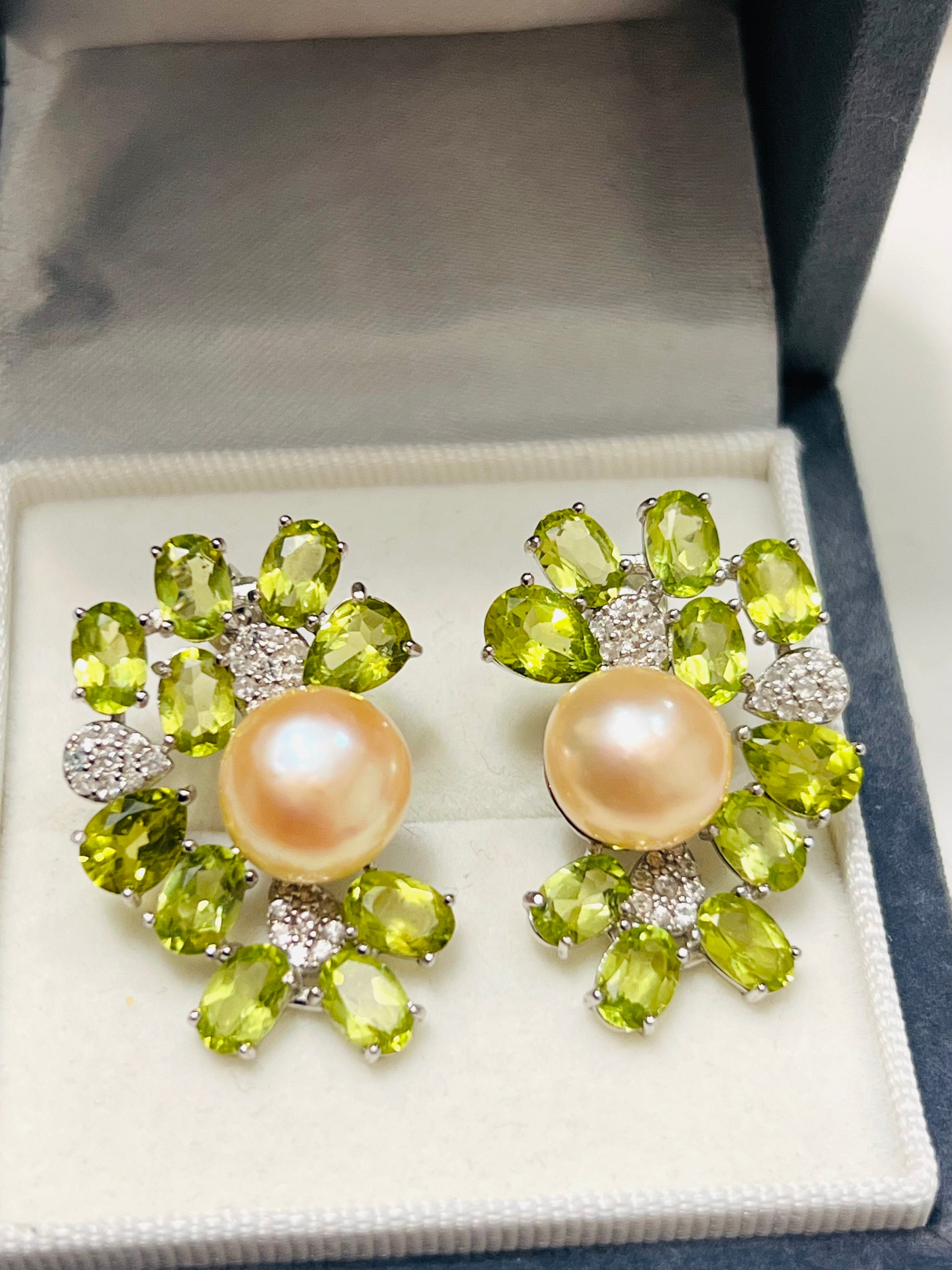 Genuine Pearl & Peridot Floral Glow Studs (Handmade- Artisan)