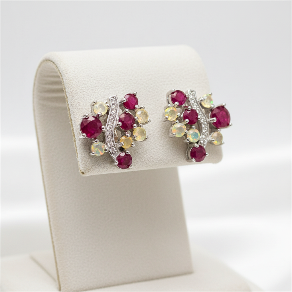 Handmade Burmese Ruby and Welo Ethiopian Fire Opal Earrings
