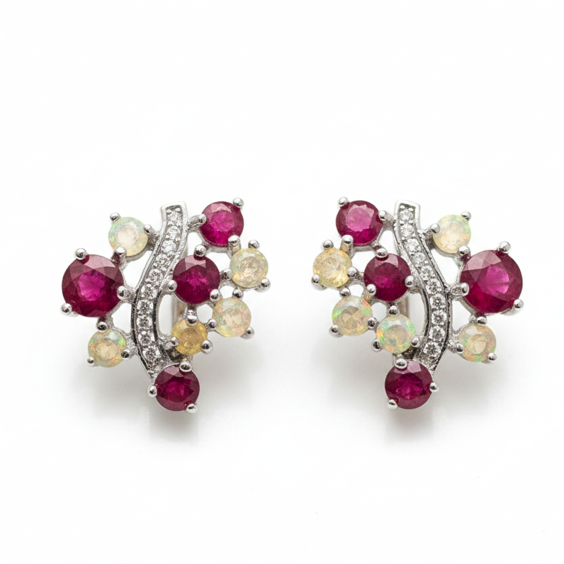 Handmade Burmese Ruby and Welo Ethiopian Fire Opal Earrings