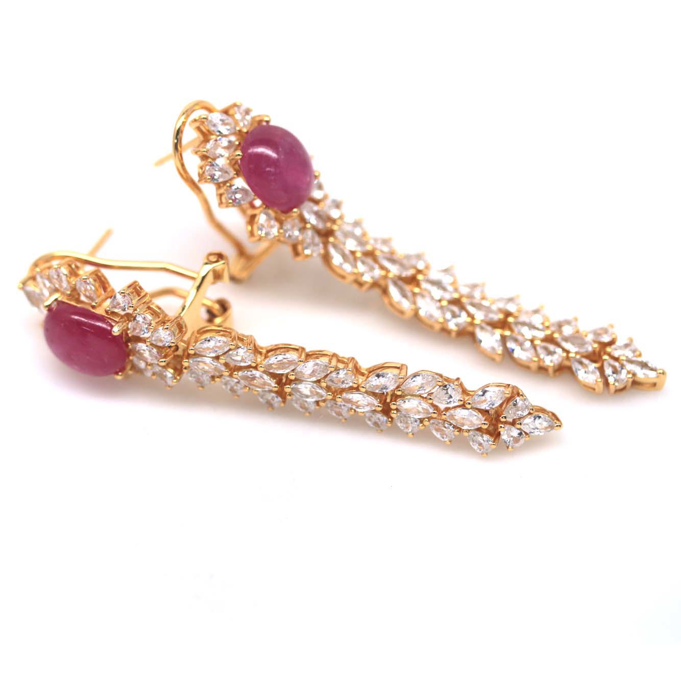 Handmade Ruby and white Sapphires Earrings in 18k yellow Gold Vermeil