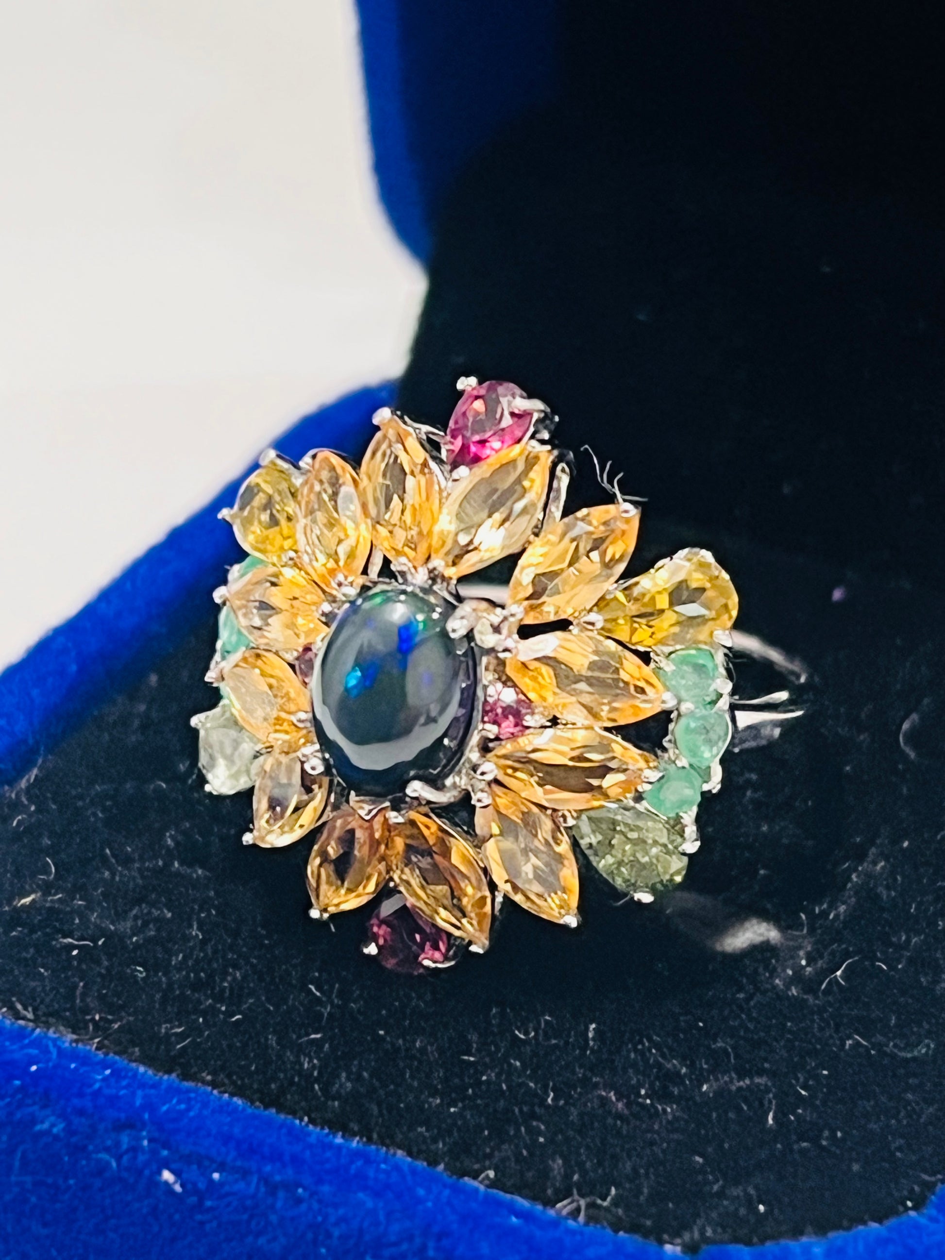 Handmade genuine Ethiopian Black Opal Rainbow Halo Statement Ring