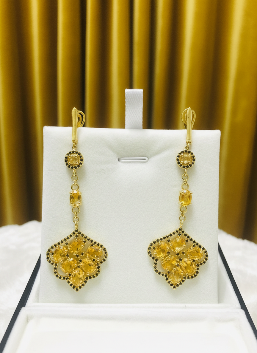 Handmade Natural Citrine and Spinel Long Fancy Earrings