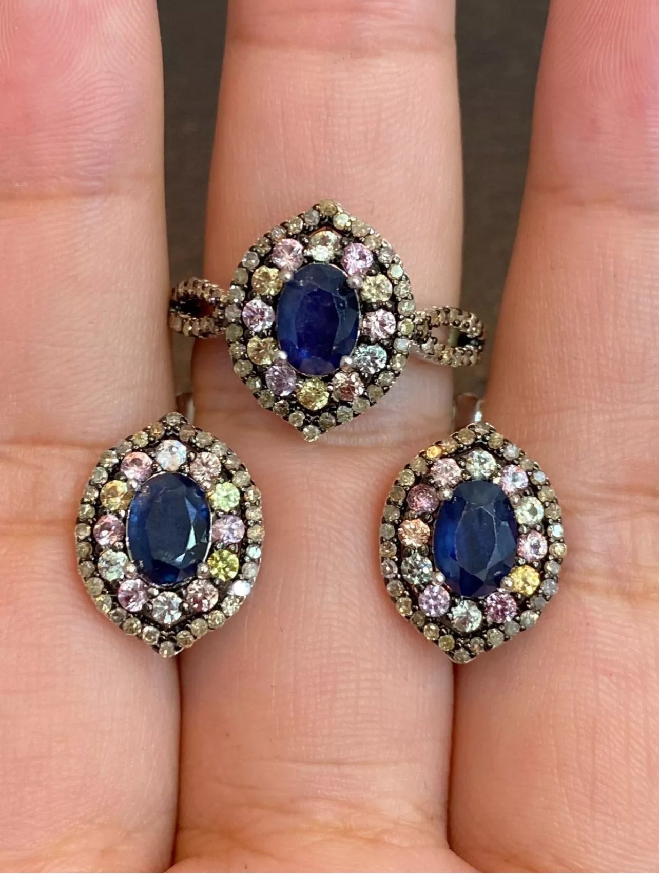 Handmade Natural Ceylon Blue Sapphires, coloured Sapphires and Natural Diamonds Jewelry Set