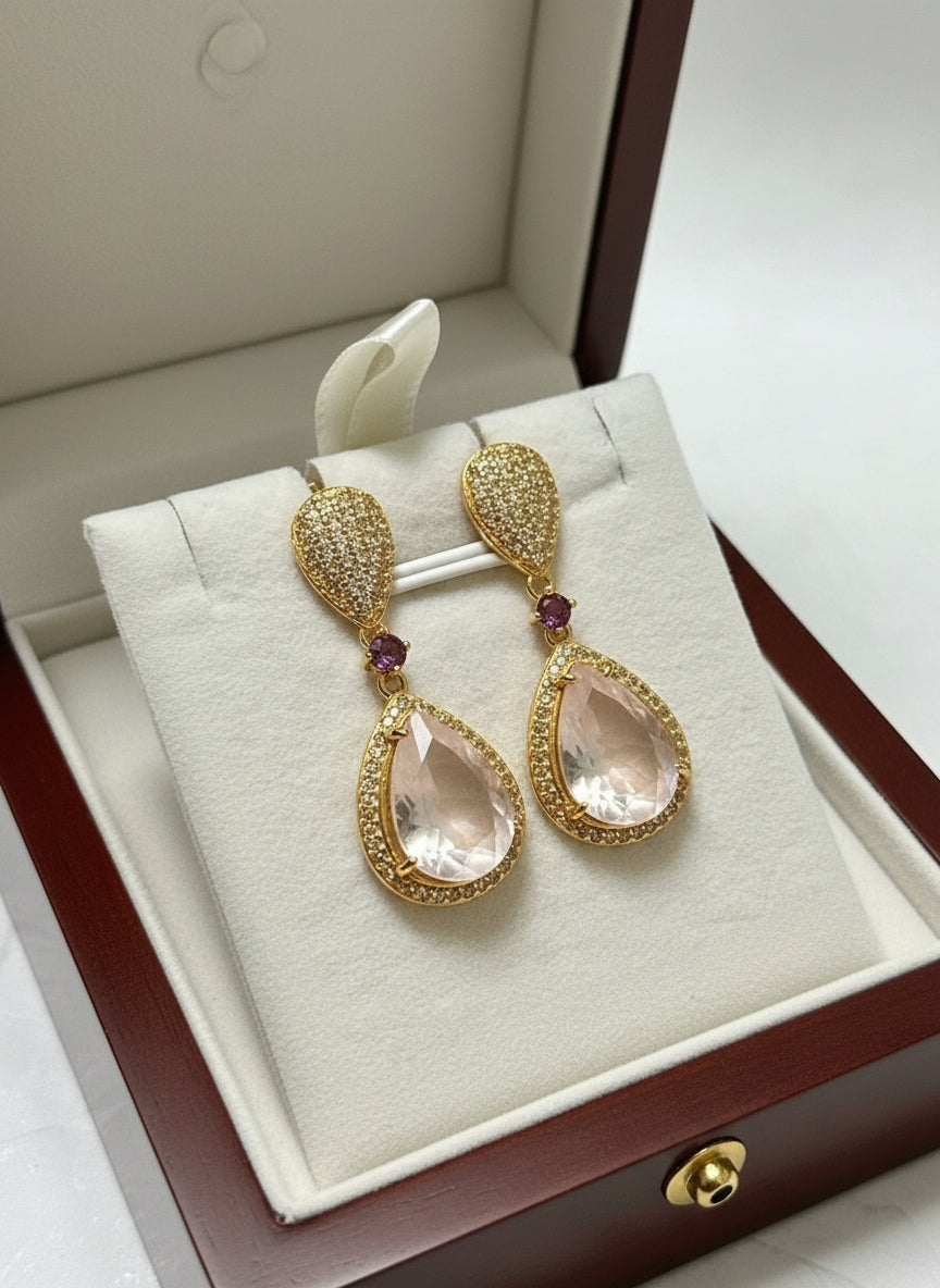 Handmade 14x 10mm. Pink Rose Quartz, Rhodolite & Sapphire Earrings