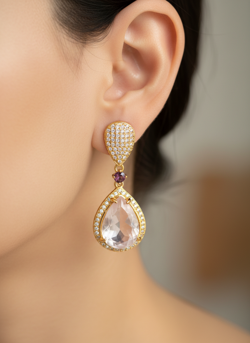 Handmade 14x 10mm. Pink Rose Quartz, Rhodolite & Sapphire Earrings