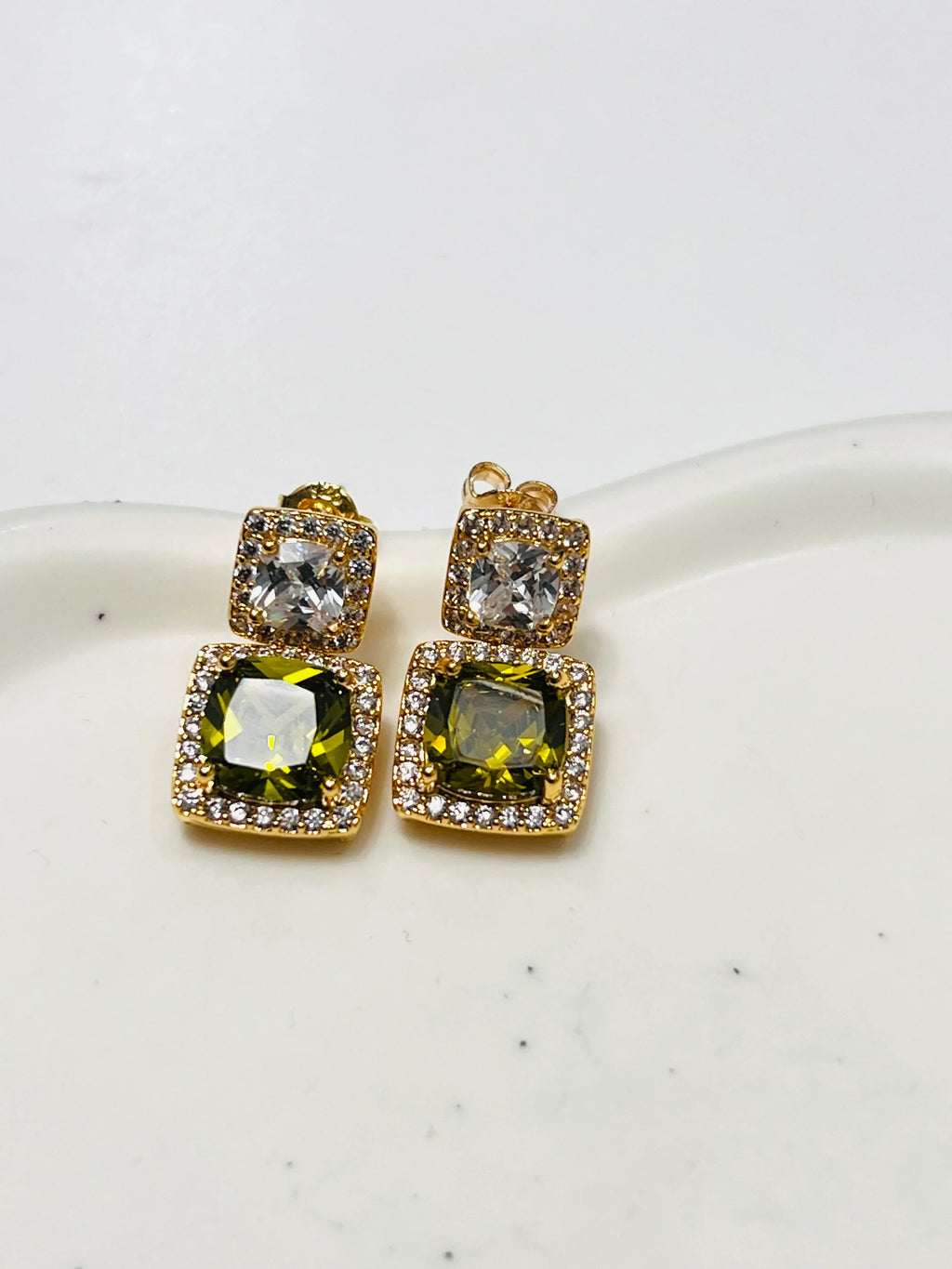 Green Peridot and White Topaz Square Design Earrings
