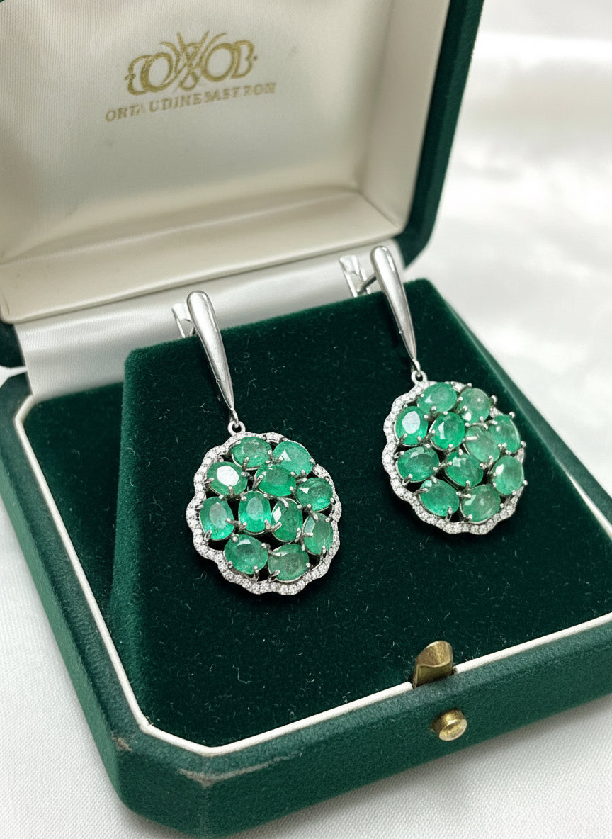 Handmade Genuine Emerald Floral Dangle Earrings