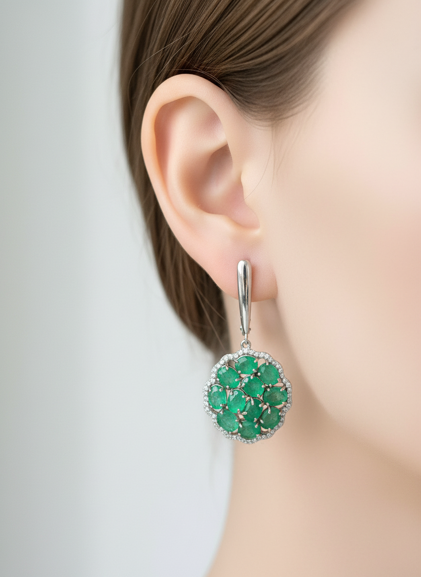 Handmade Genuine Emerald Floral Dangle Earrings
